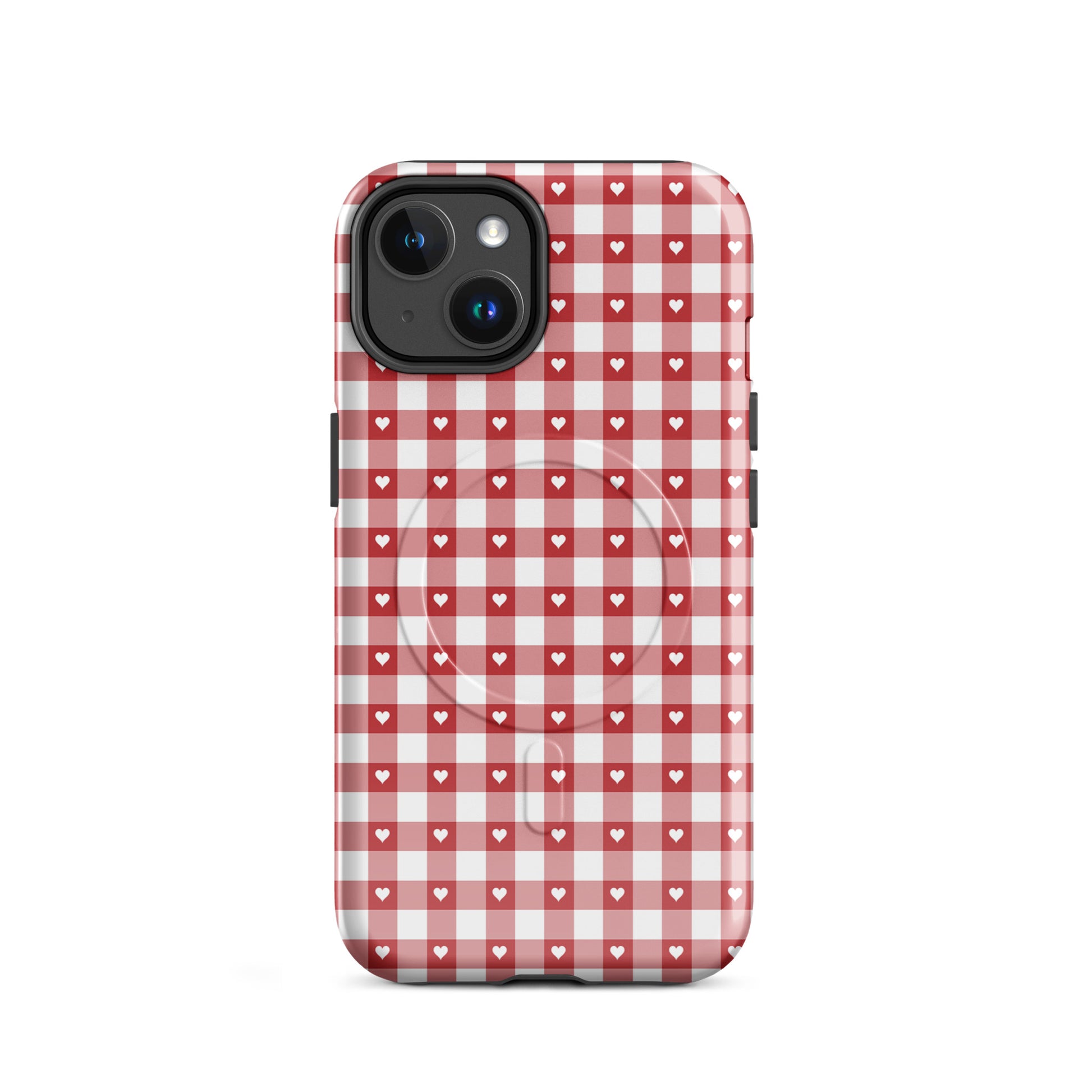 Magnetic Phone Case with red-and-white gingham pattern and white hearts for iPhone, stylish and durable accessory.