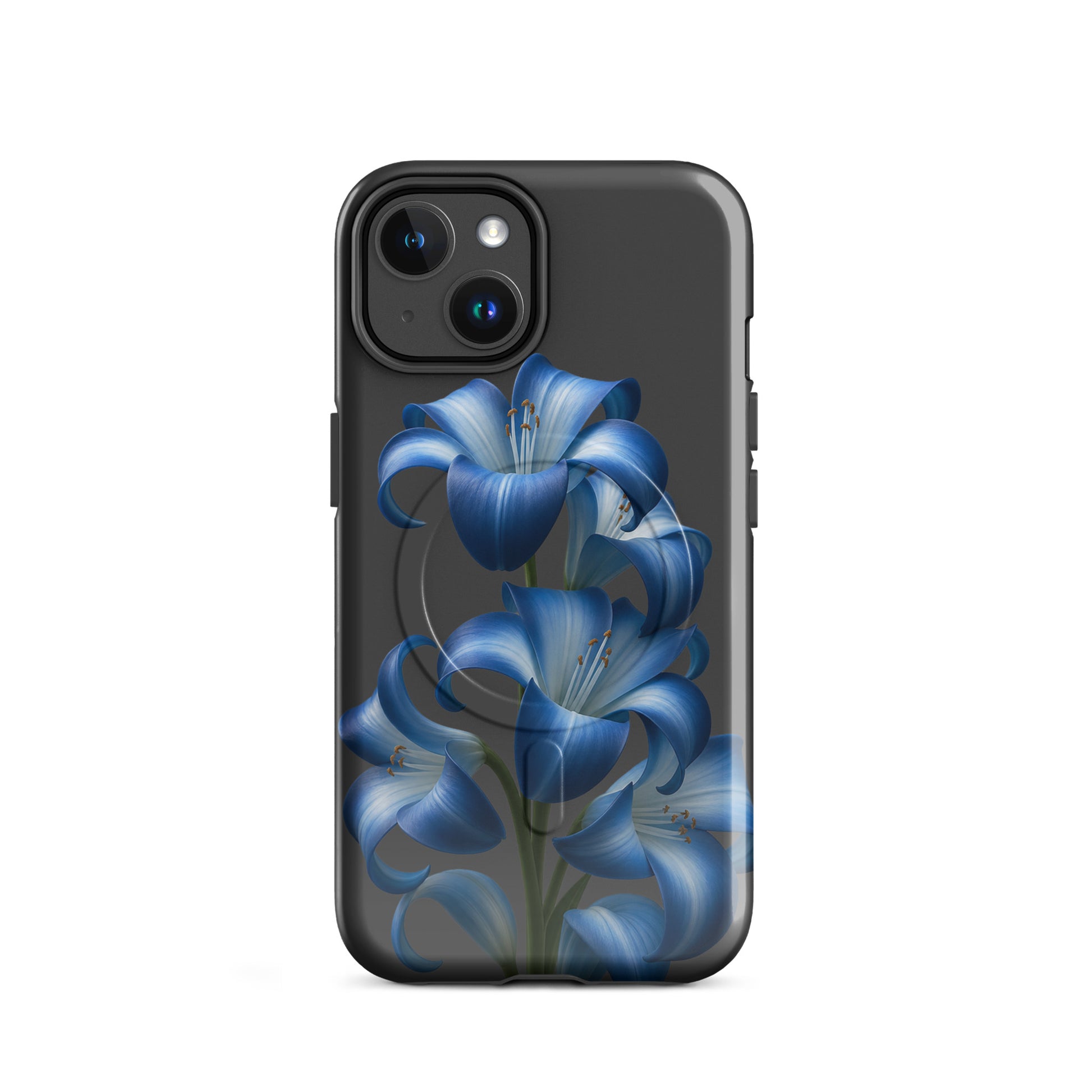 Magnetic Phone Case for iPhone with blue lily bloom art on sleek dark backdrop, premium design for protection and style.