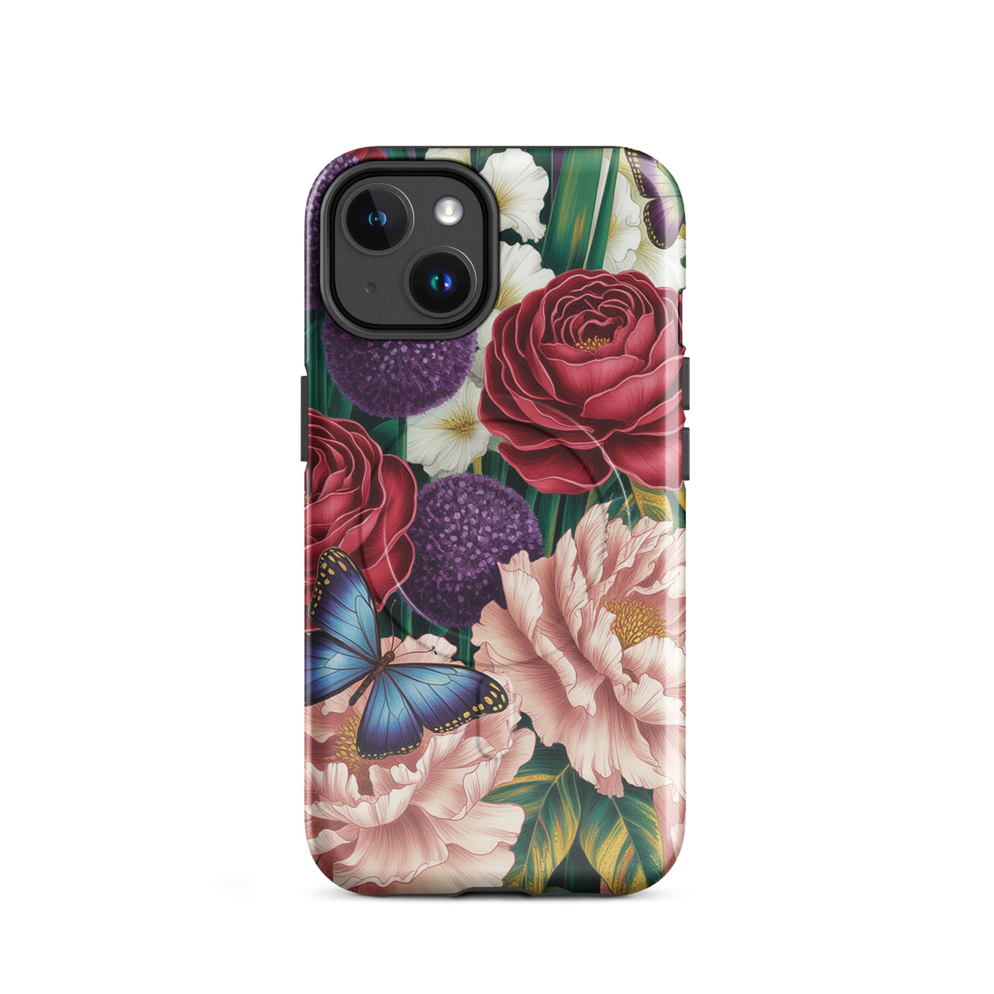 Magnetic Phone Case for iPhone featuring botanical design with flowers and butterflies, vibrant crimson roses, and blush pink peonies.