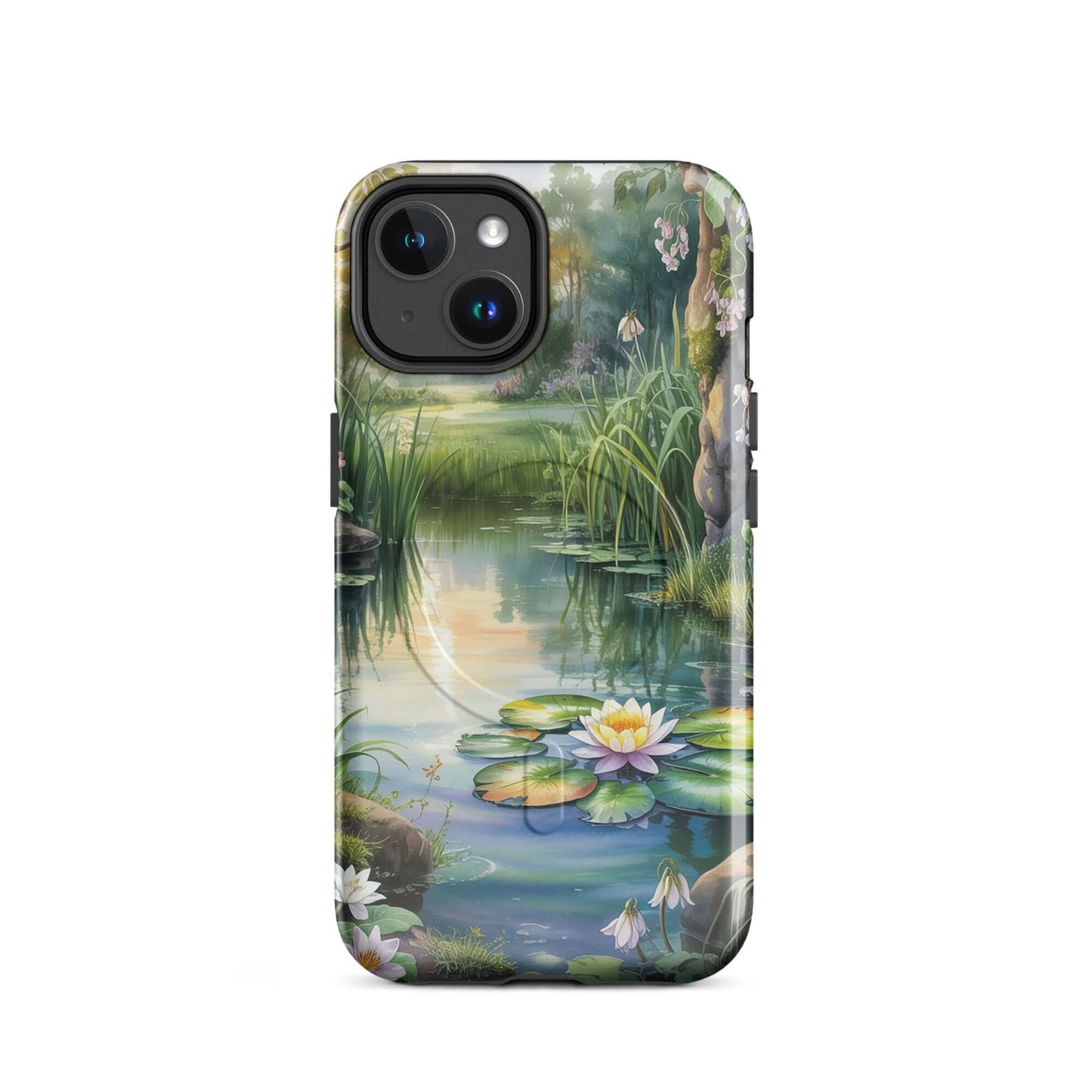 Magnetic Phone Case with enchanted pond design featuring water lilies and sunset glow, perfect for iPhone.
