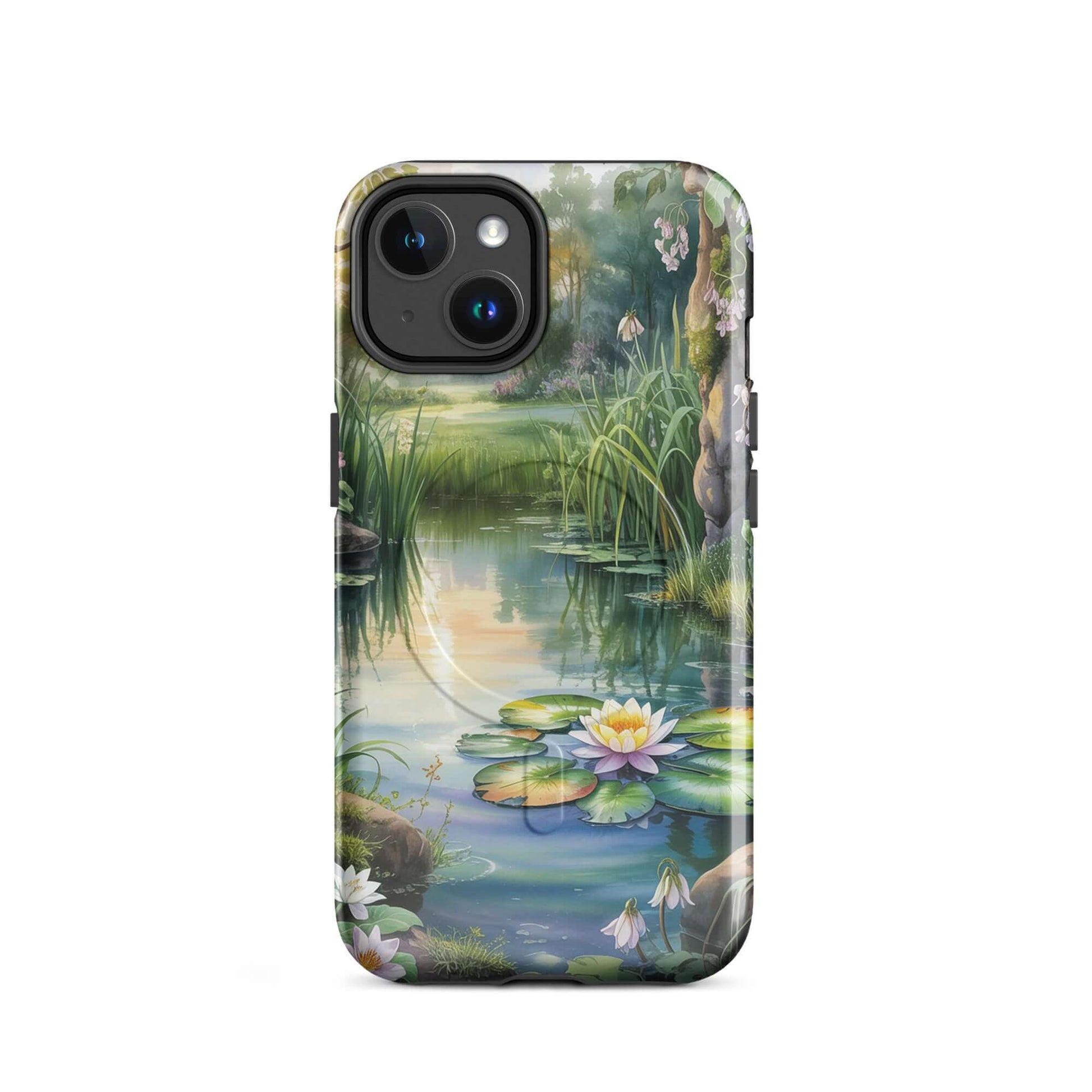 Magnetic Phone Case with enchanted pond design featuring water lilies and sunset glow, perfect for iPhone.