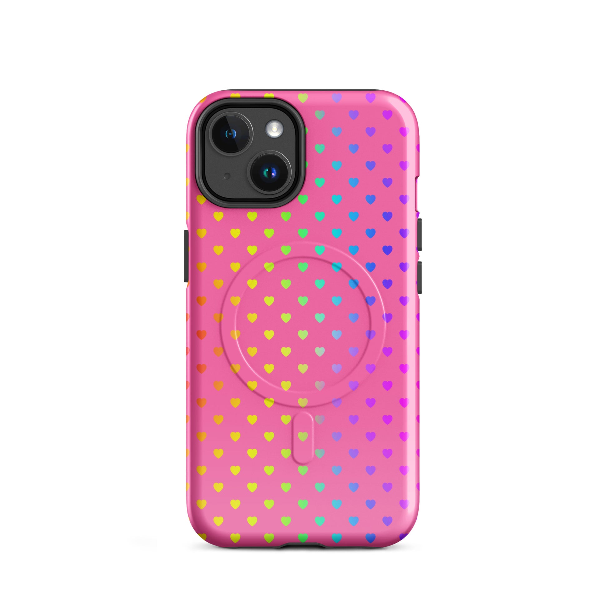 Magnetic Phone Case for iPhone with cute rainbow hearts on pink background, dual-layer protection, cheerful design.