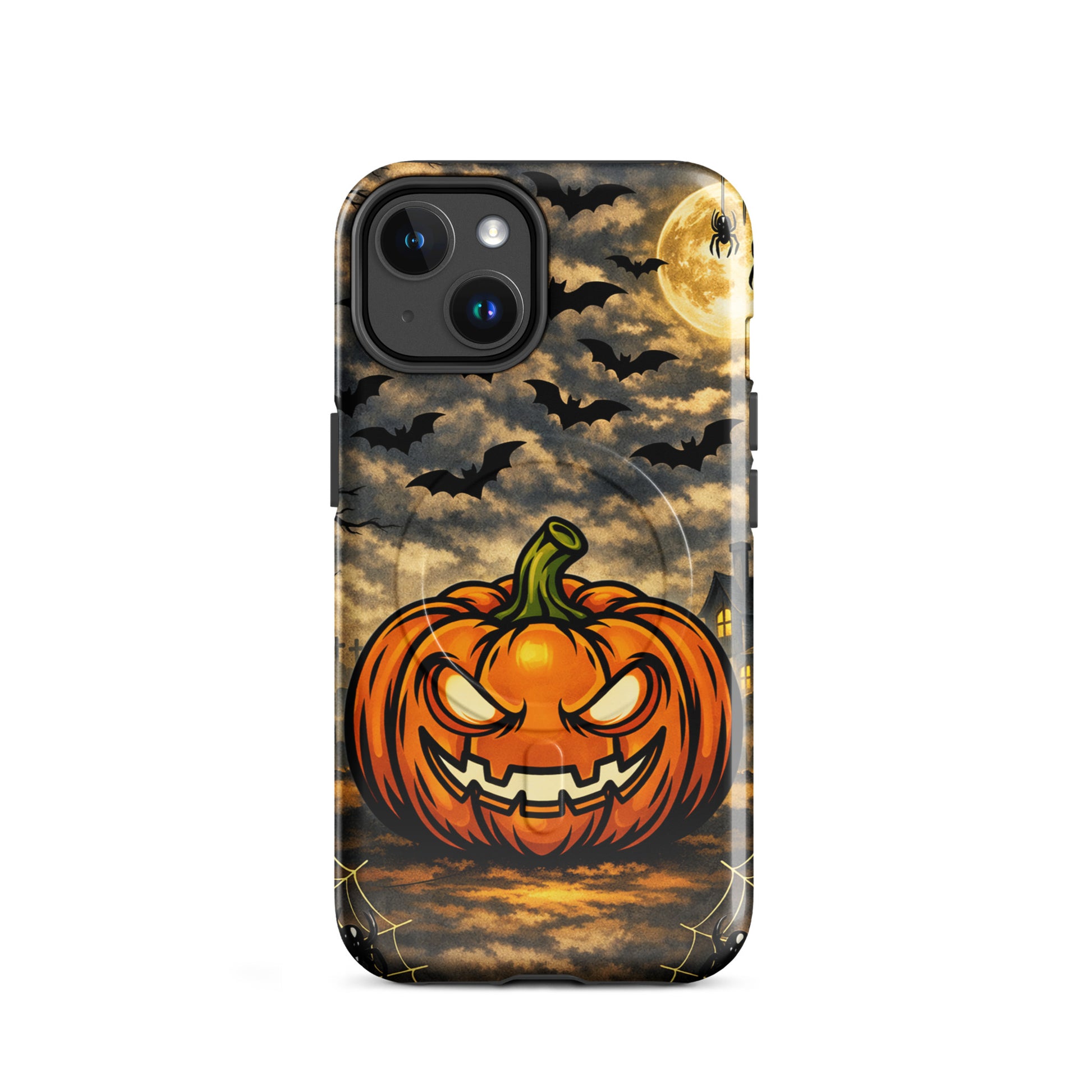 Magnetic Phone Case with Halloween pumpkin, bats, moonlit clouds, and haunted house design for iPhone.