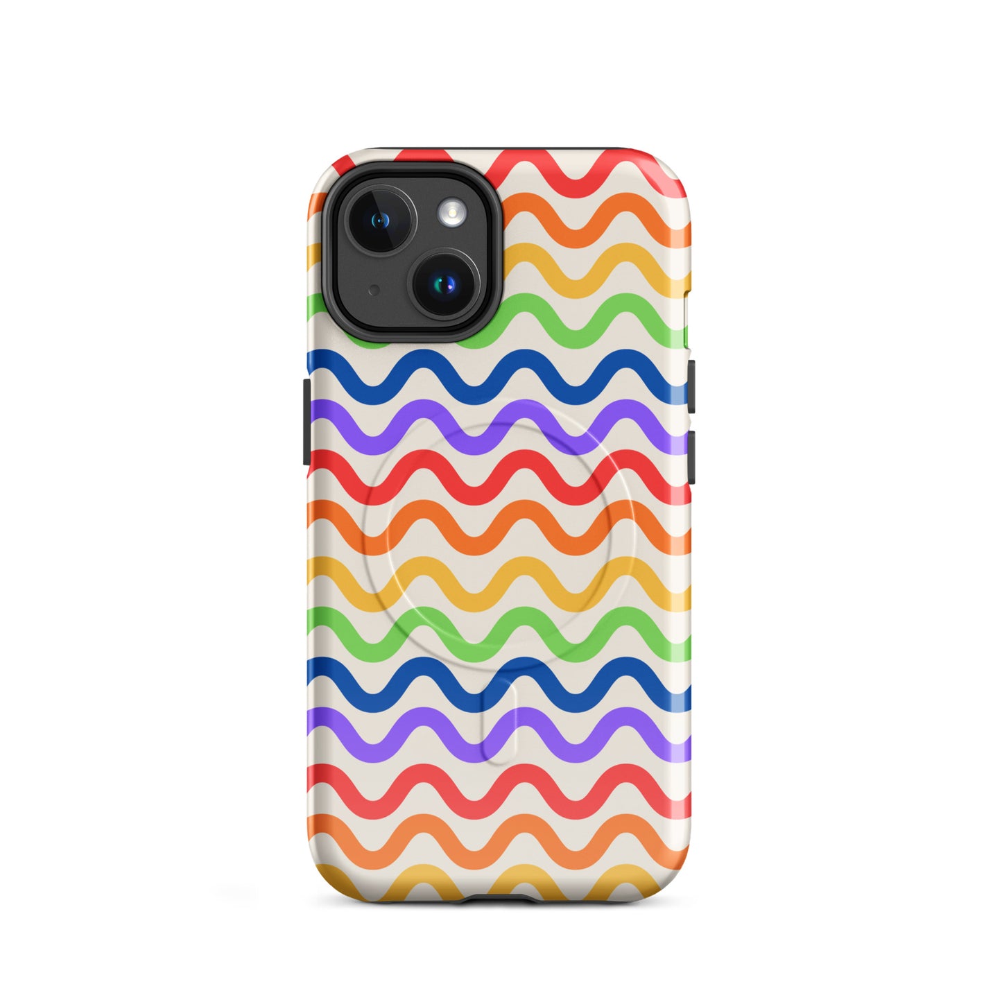 Magnetic Phone Case for iPhone with wavy rainbow design on white background, showcasing vibrant colors and sleek protection.