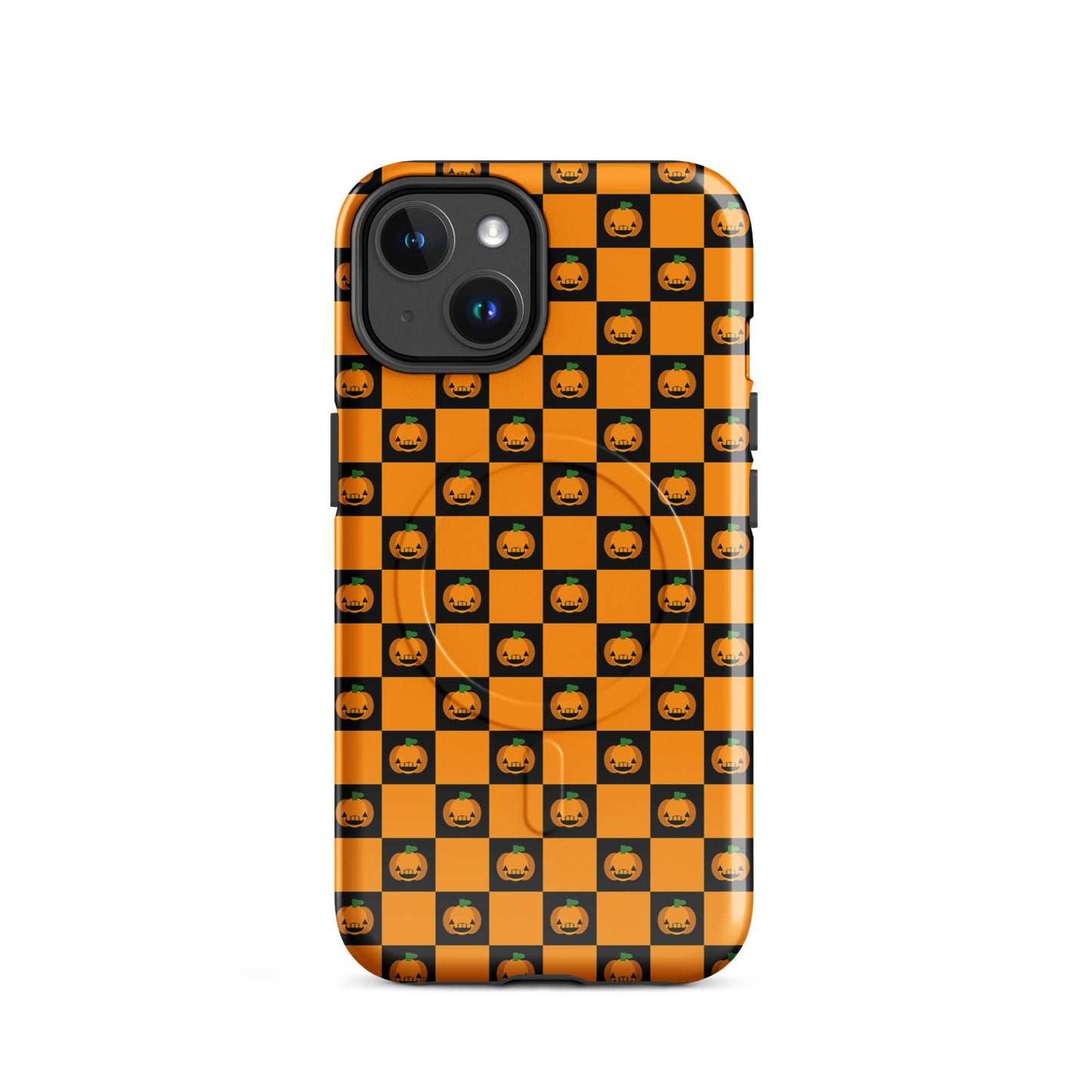 Magnetic Phone Case with pumpkin checkered Halloween design for iPhone, featuring orange and black squares with jack-o-lanterns.