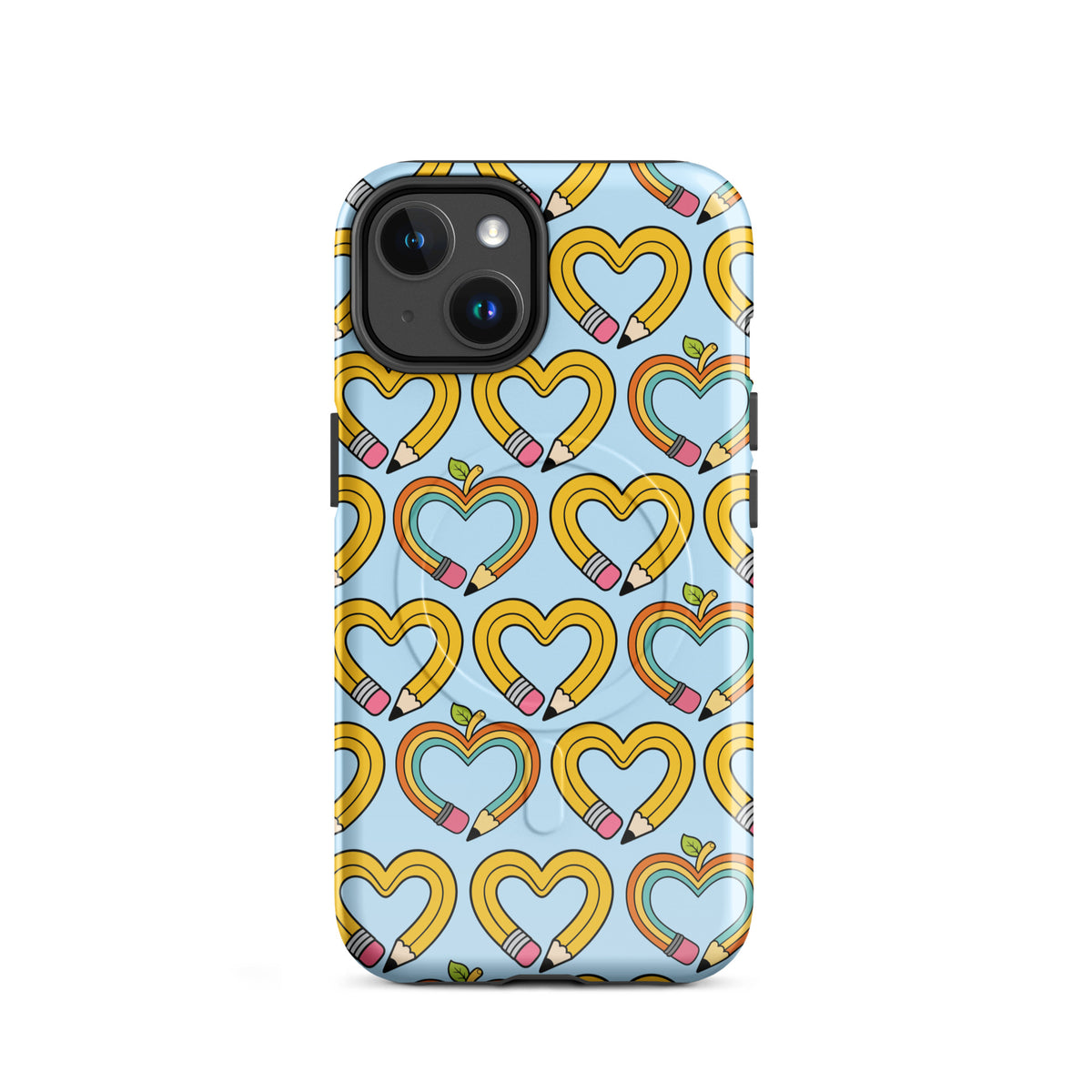 Magnetic Phone Case for iPhone with playful pencil-heart pattern, featuring whimsical pencil-shaped hearts and small green leaves.