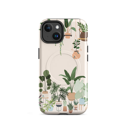 Magnetic Phone Case for iPhone featuring botanical bliss design with plants and hanging planters.