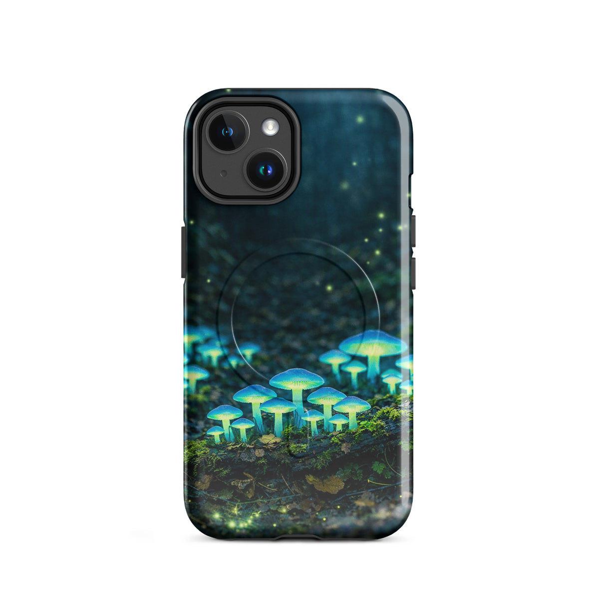 Magnetic Phone Case with glowing bioluminescent mushrooms in a mystical forest design for iPhone.