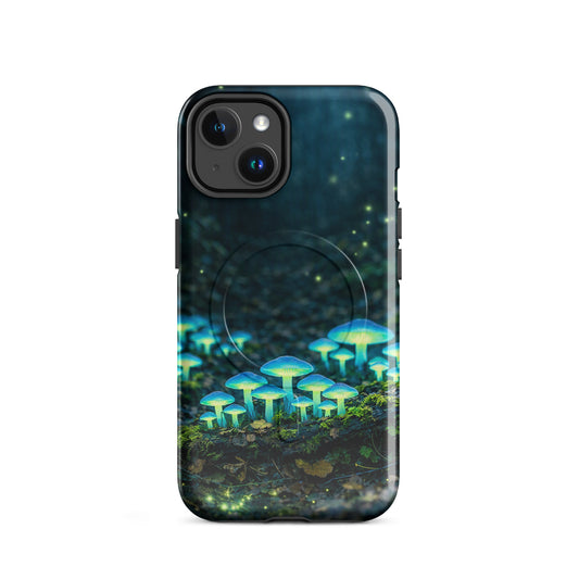 Magnetic Phone Case with glowing bioluminescent mushrooms in a mystical forest design for iPhone.