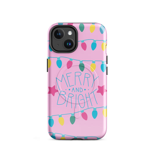 Magnetic Phone Case for iPhone with Merry and Bright holiday lights design, pink background, and colorful festive bulbs.