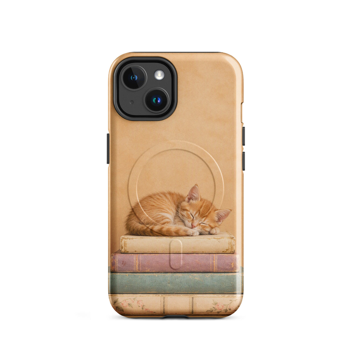 Magnetic Phone Case with sleeping orange kitten on vintage book stack, cozy and charming design in warm neutral colors