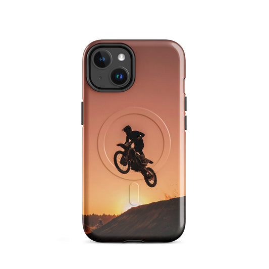 Magnetic Phone Case with motocross dirt bike jump against a sunset for iPhone, rugged design for outdoor enthusiasts.