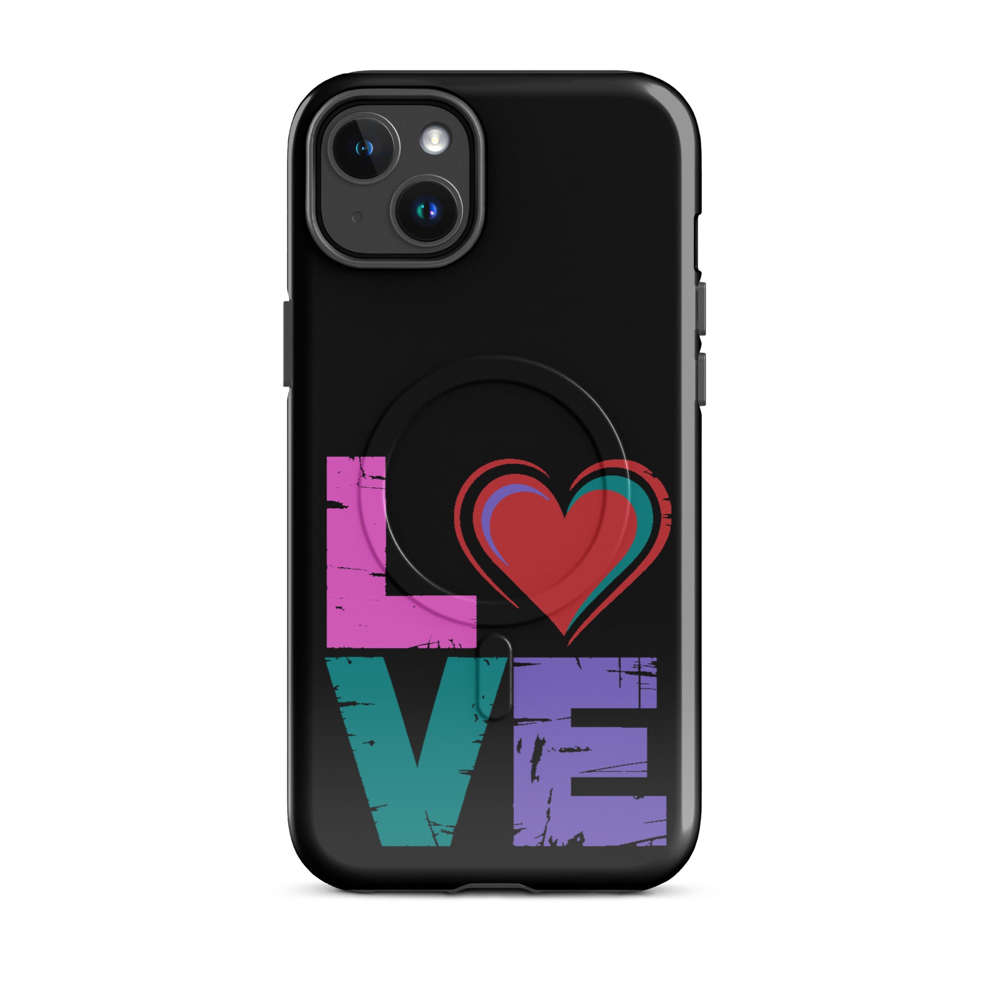 Love Magnetic Dual-Layer Tough Case for iPhone featuring colorful love design on a black background