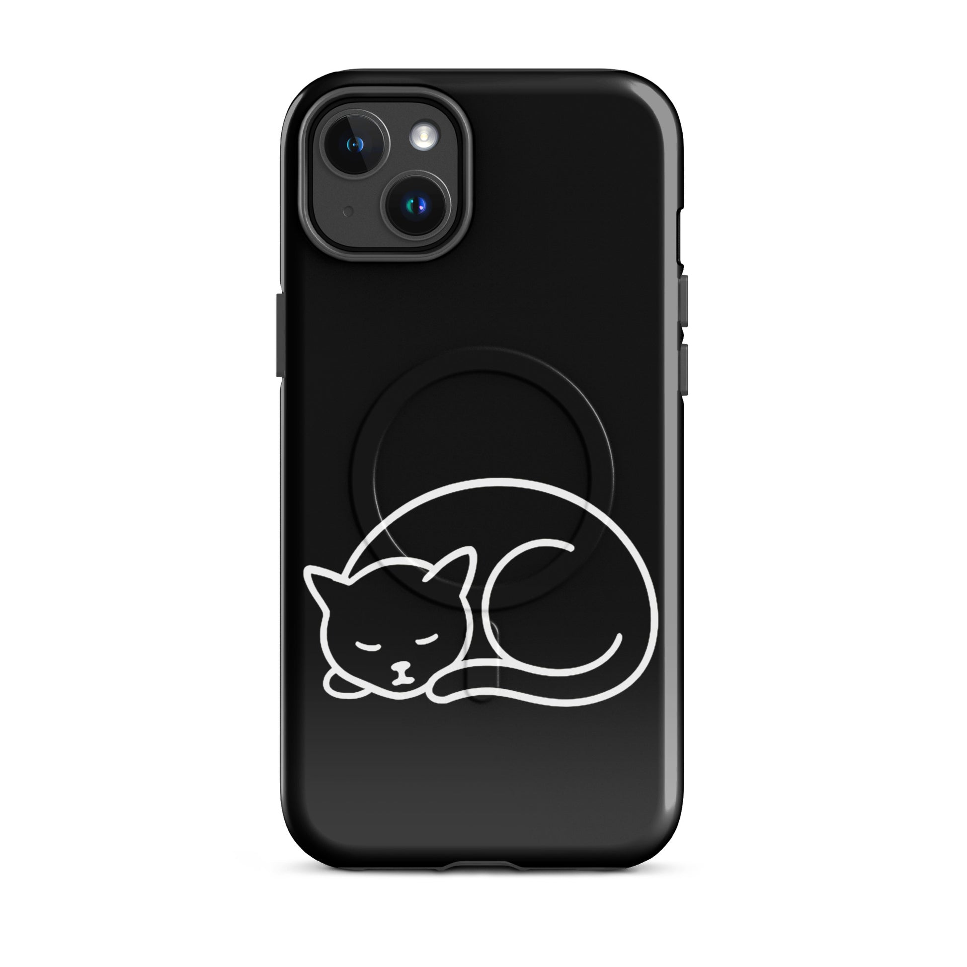Magnetic Phone Case featuring a minimalist curled-up cat design on a black background.