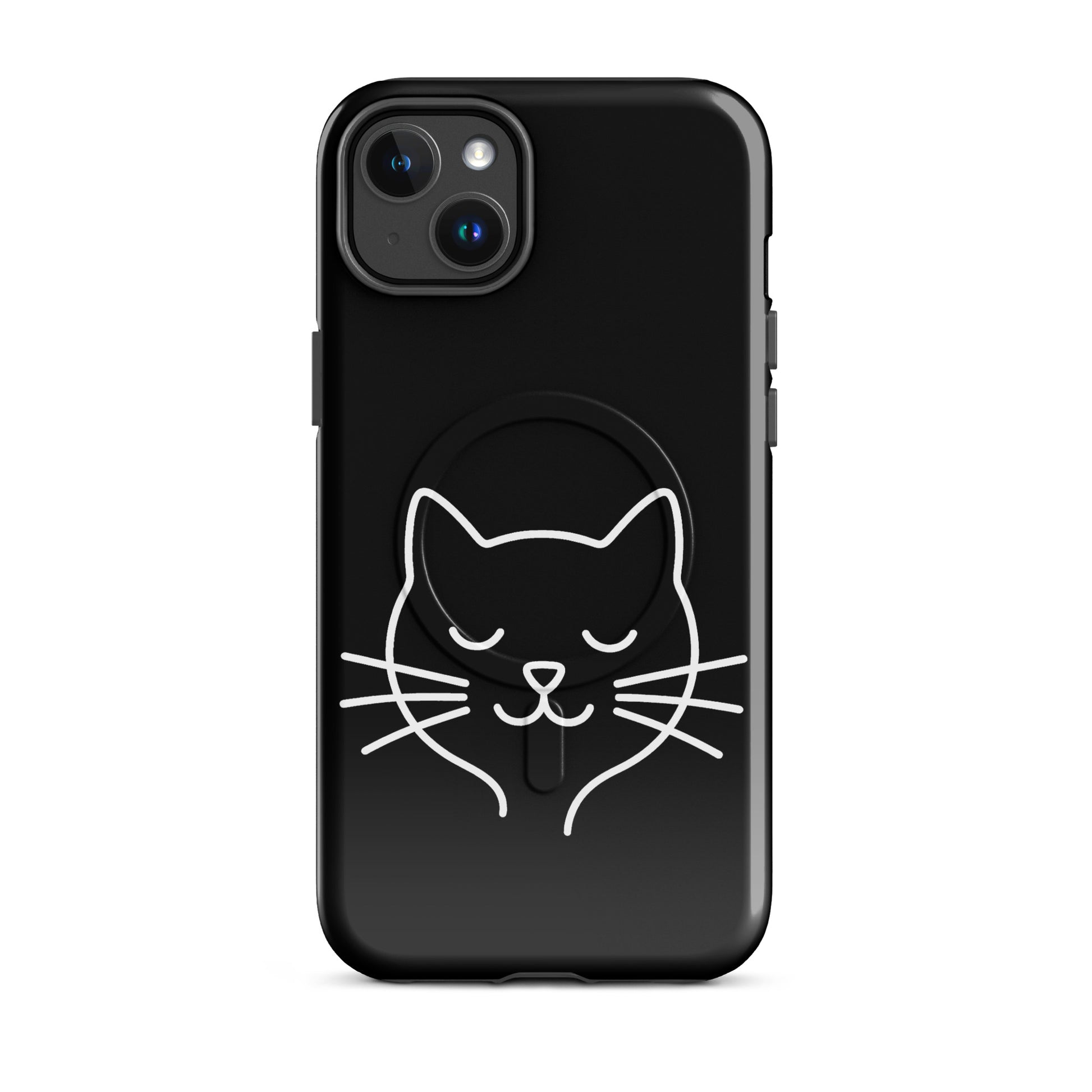 Magnetic Phone Case featuring cute minimalist cat line art design on a sleek black background.