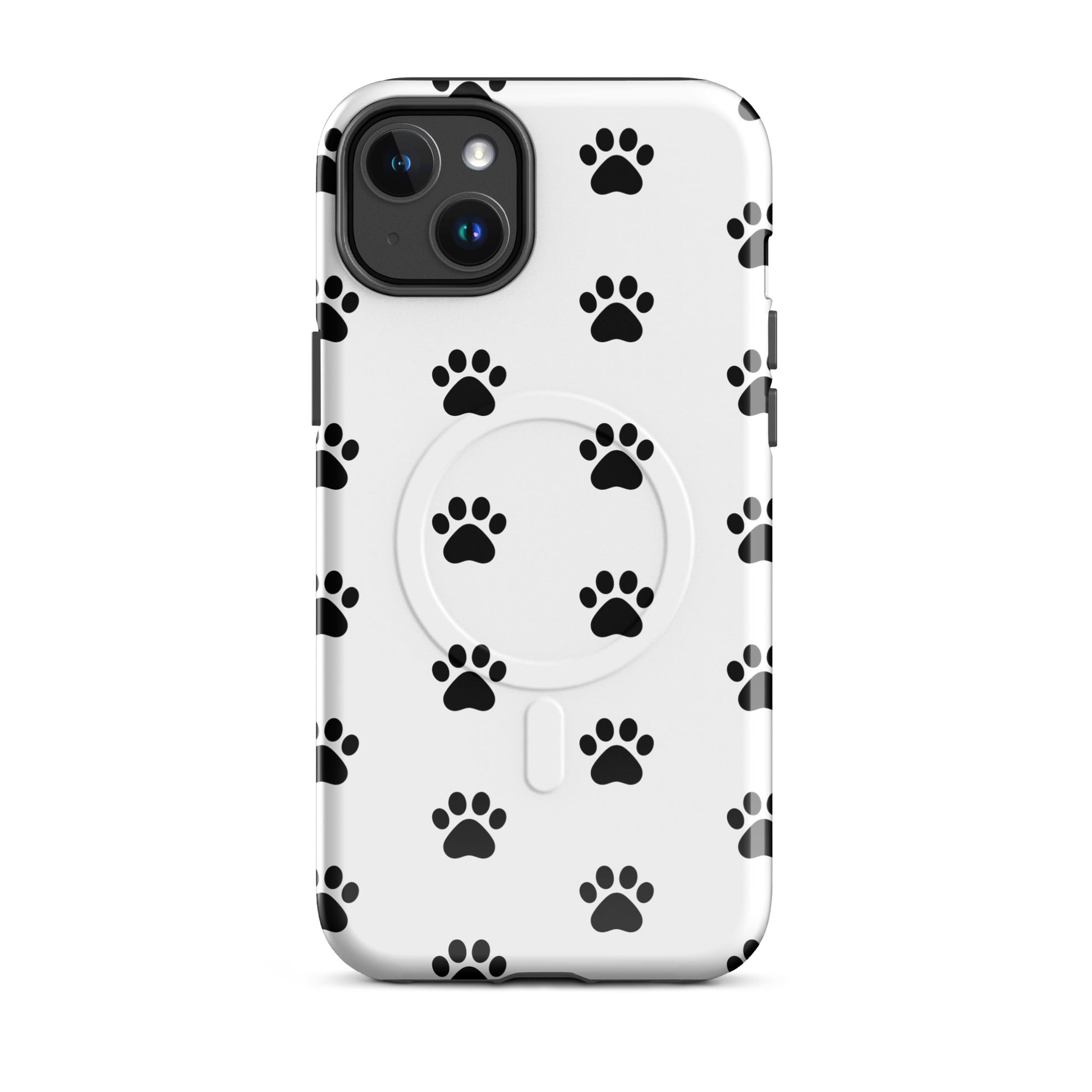 Magnetic Phone Case with a paw print design for pet lovers, featuring black paw icons on a white background.