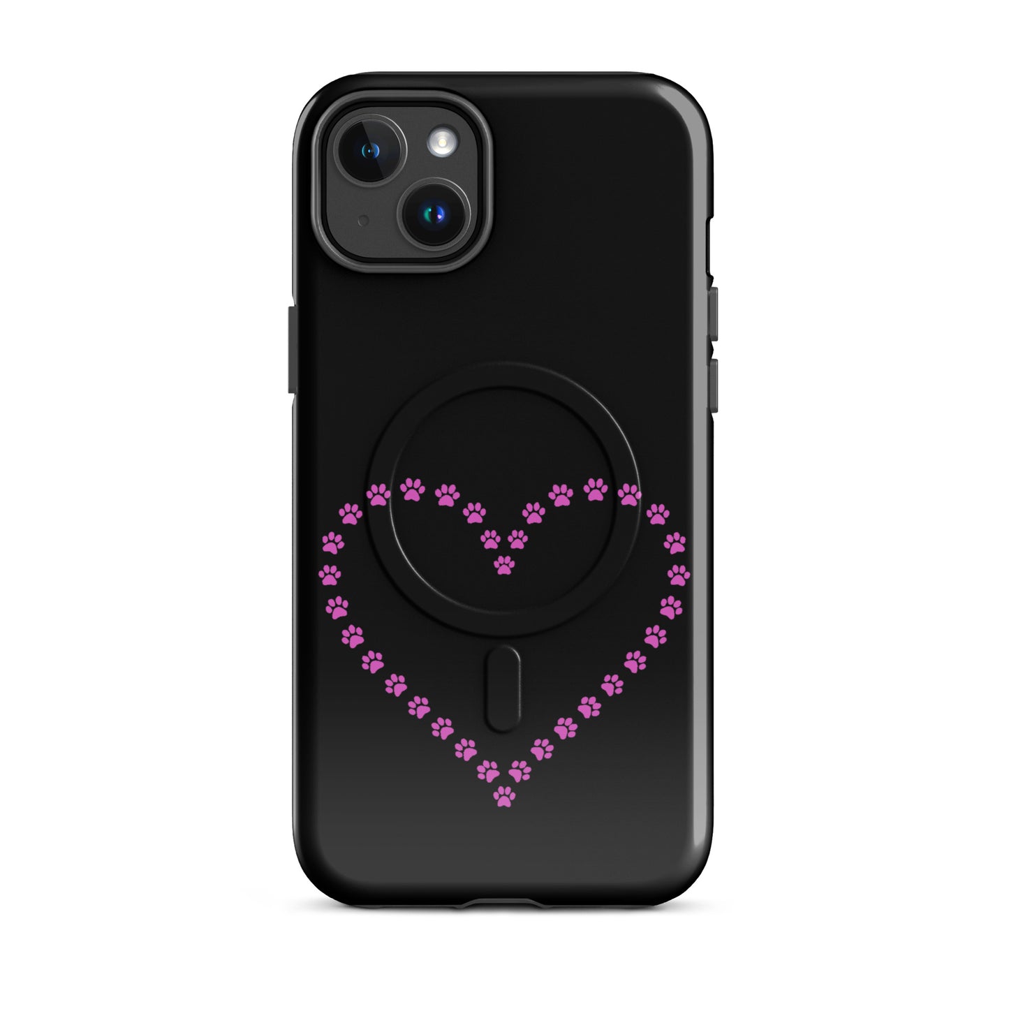 Magnetic Phone Case featuring paw print heart design for pet lovers on a black background.