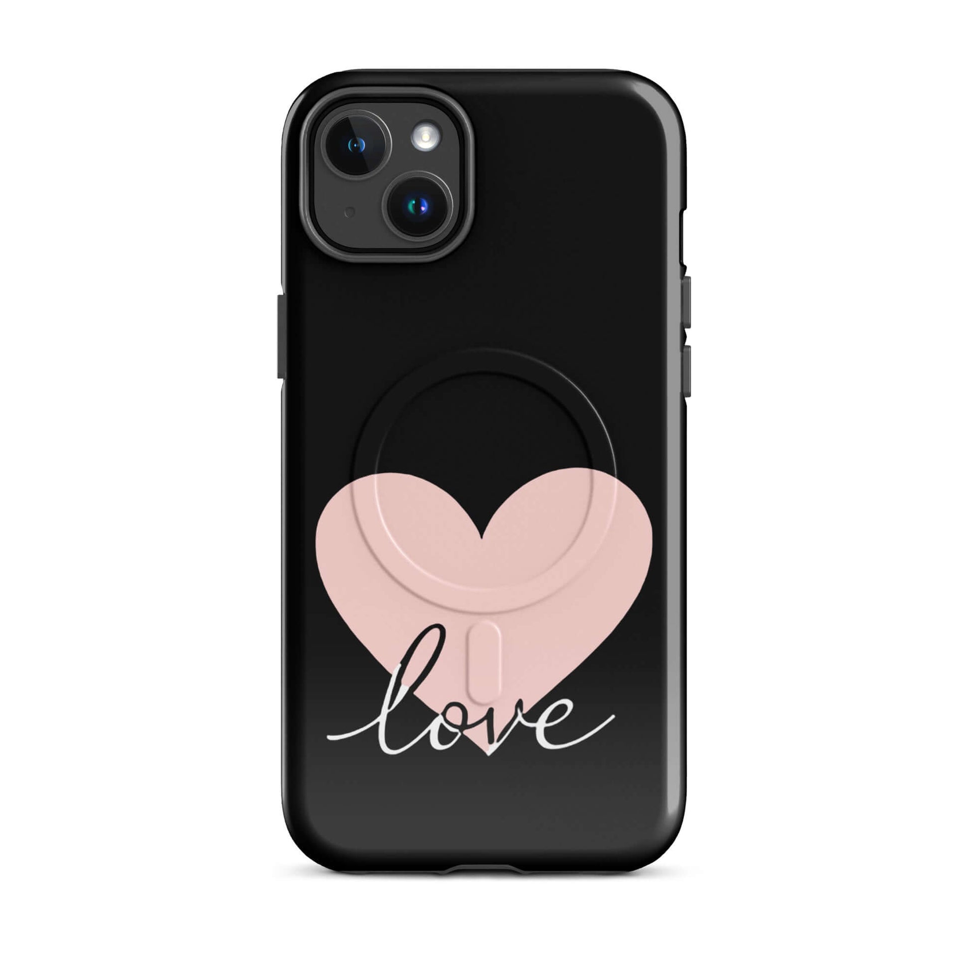Magnetic Phone Case for iPhone featuring a pink heart and script love design on a black background.