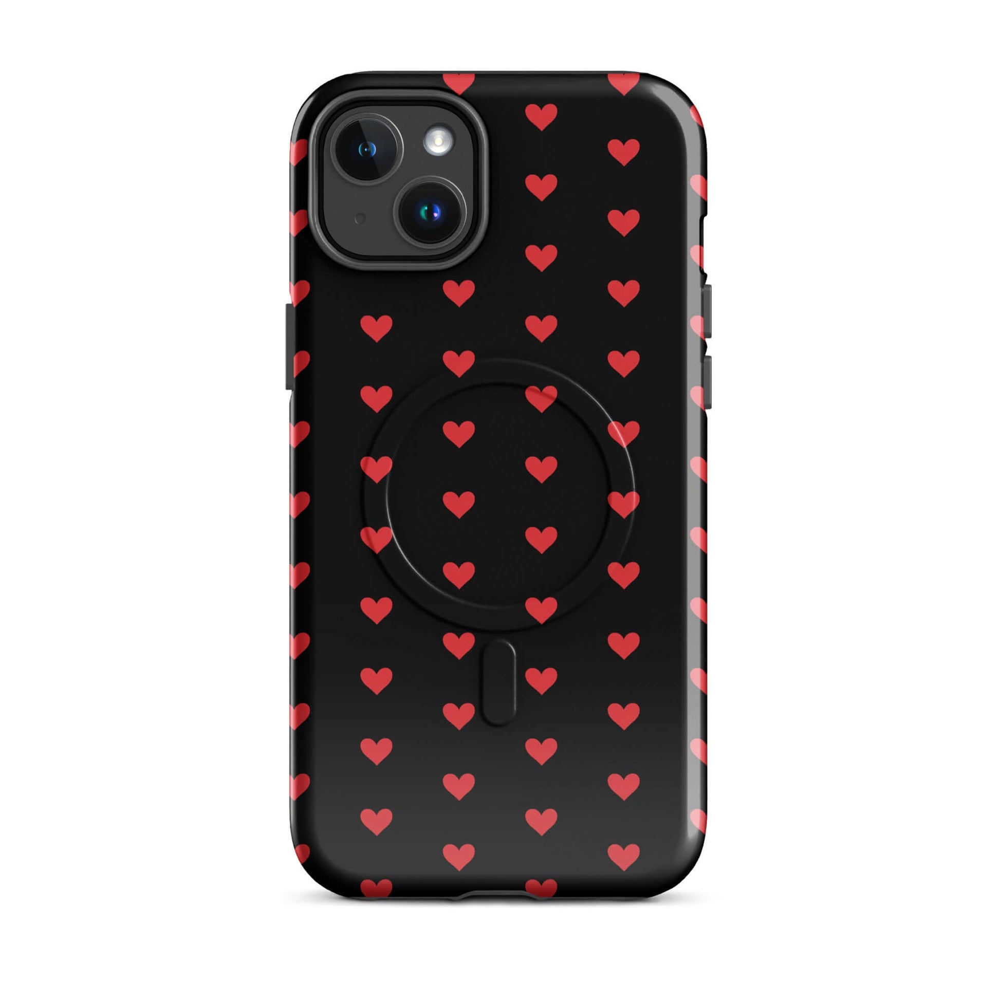 Magnetic Phone Case featuring a pattern of fiery red hearts on a black background.