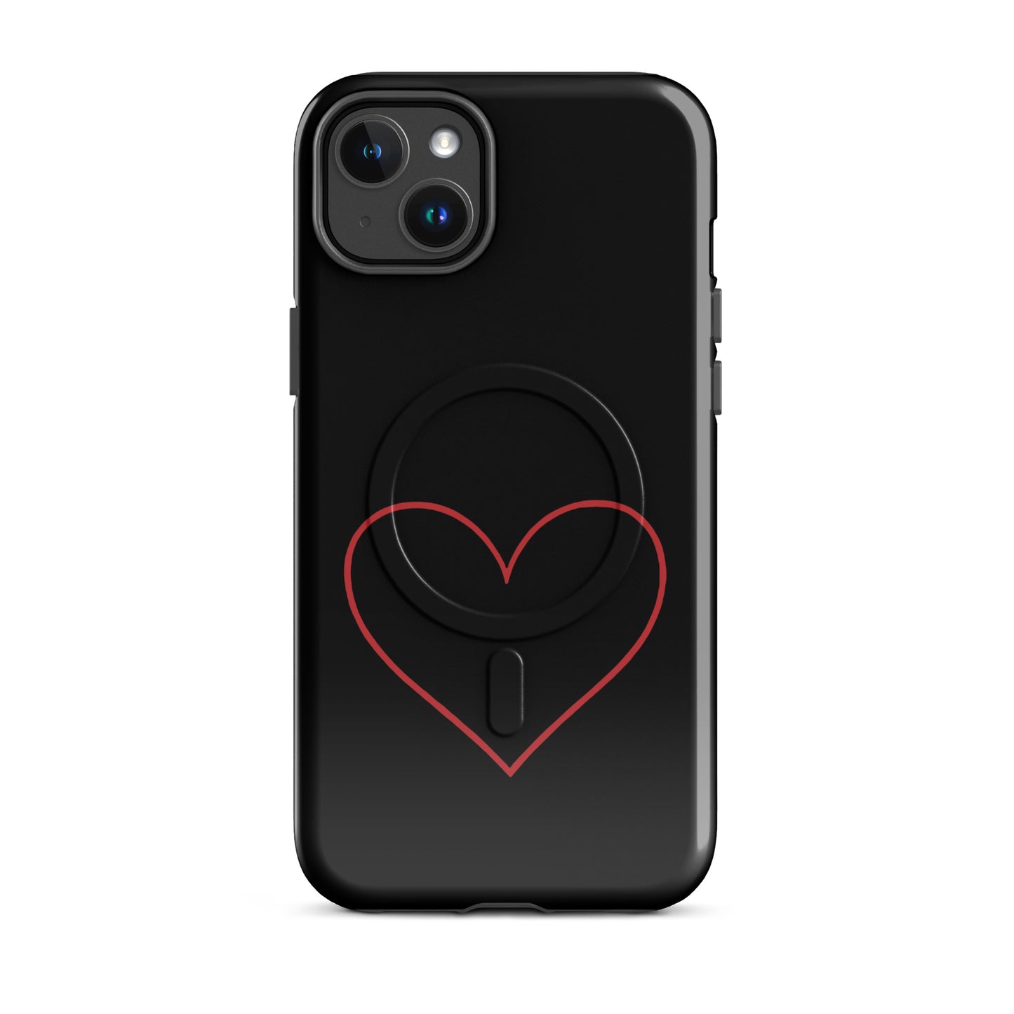 Magnetic Phone Case for iPhone featuring minimalist crimson heart design on a sleek black background.
