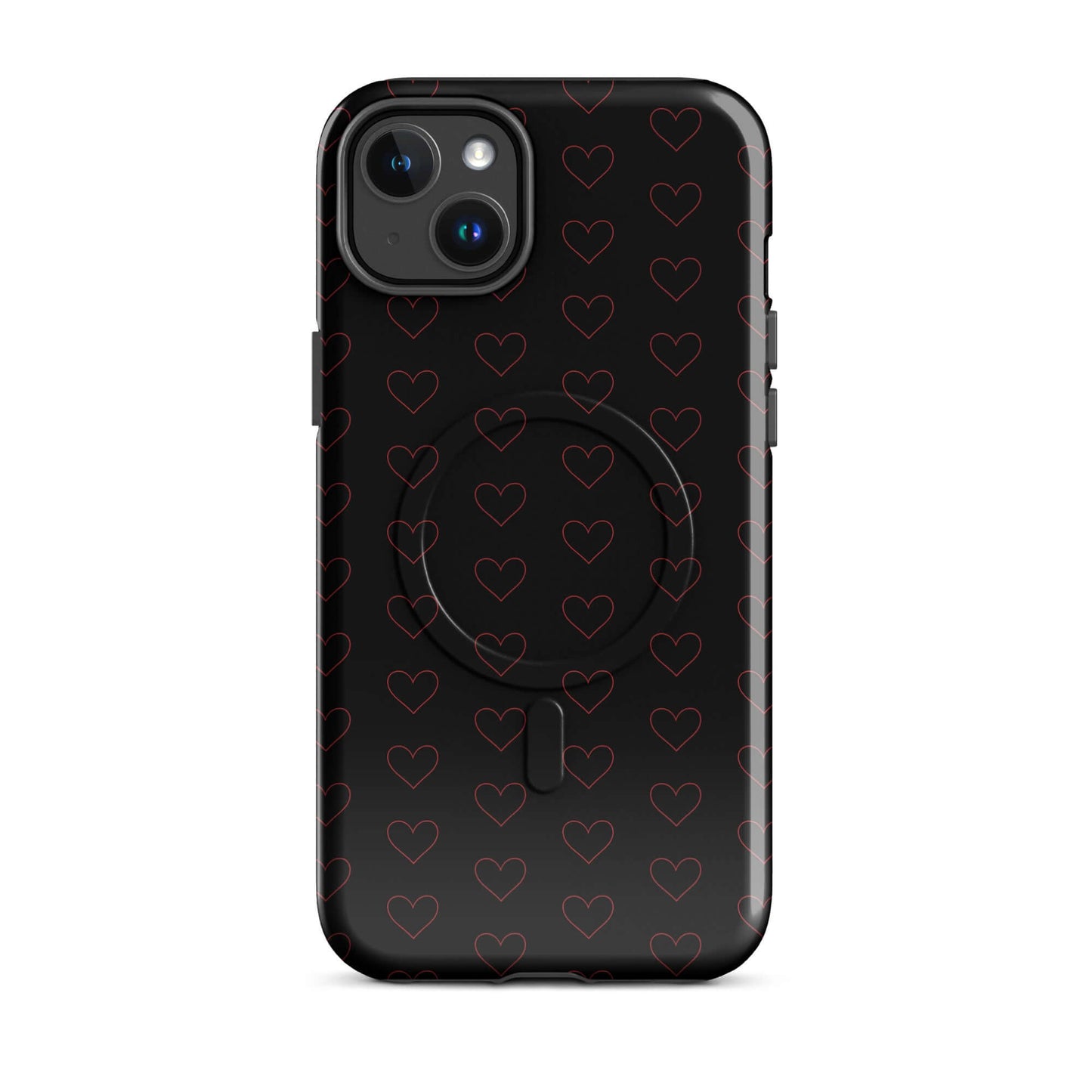 Magnetic Phone Case with elegant crimson heart pattern against a black background, showcasing modern design.