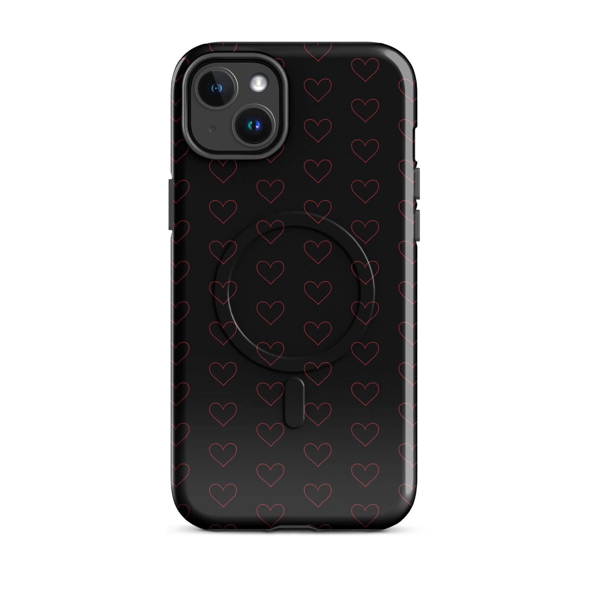 Magnetic Phone Case with elegant crimson heart pattern against a black background, showcasing modern design.
