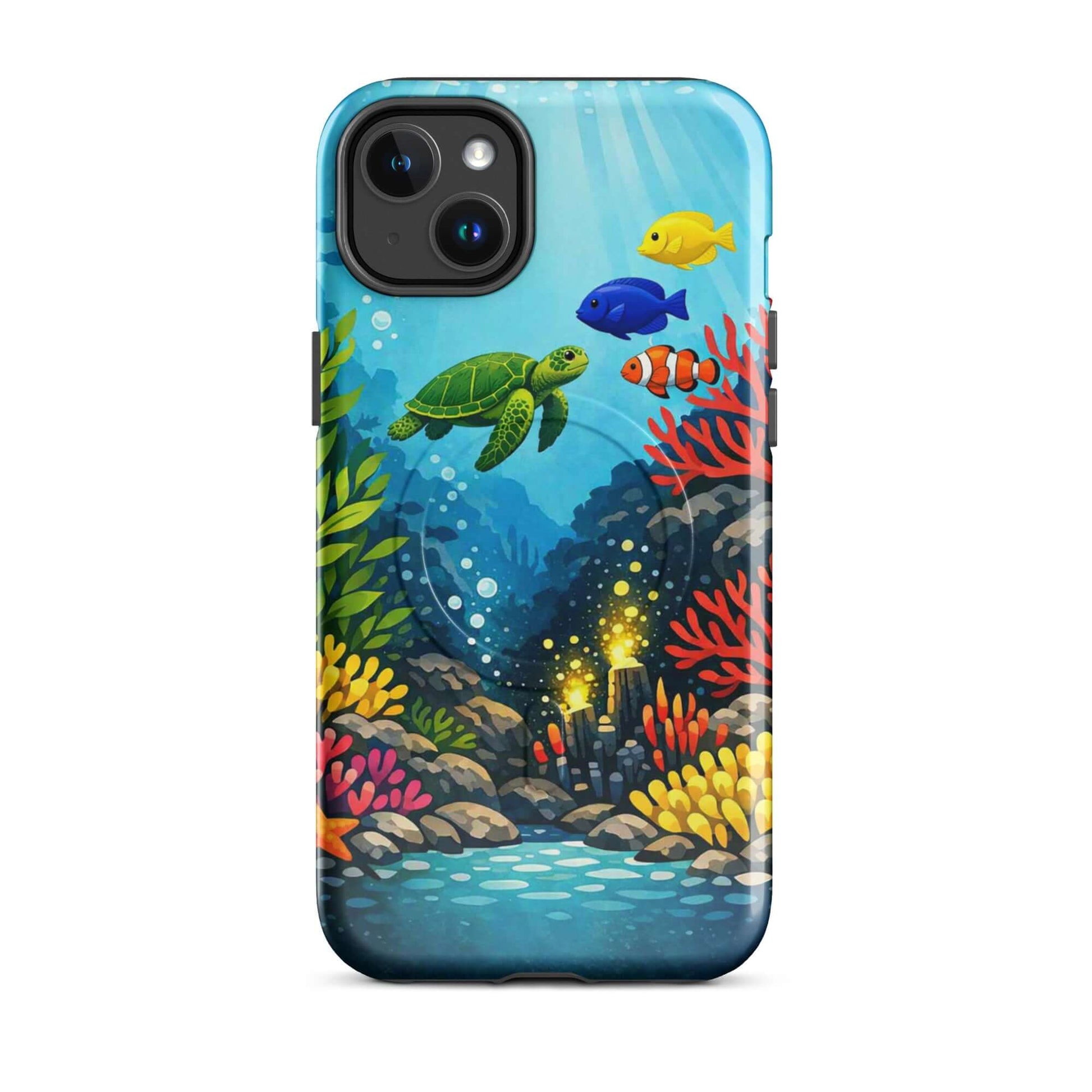 Magnetic Phone Case featuring vibrant sea turtle and coral reef design with colorful fish and underwater scenery.