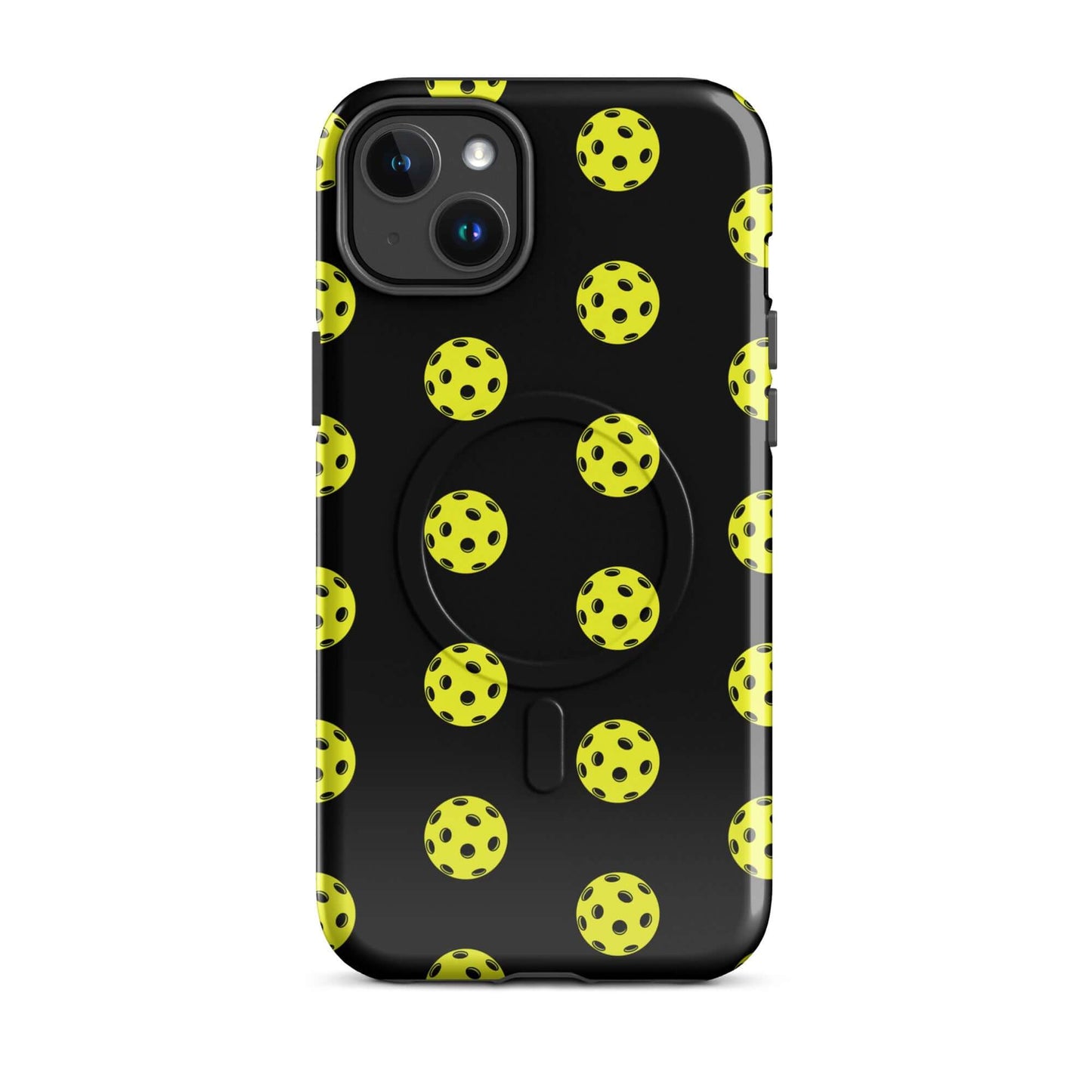 Magnetic Phone Case featuring a playful pickleball pattern in yellow on a black background.