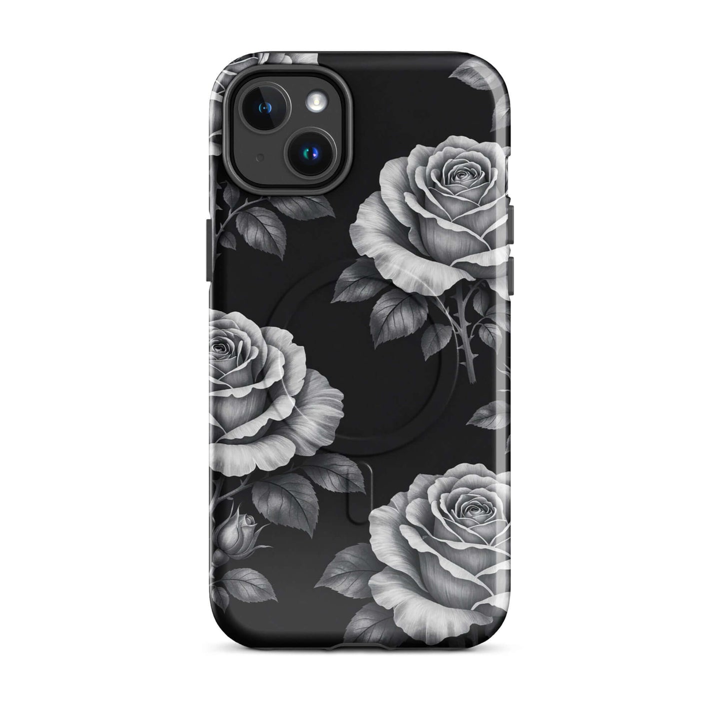 Magnetic Phone Case with rose garden design, featuring hand-sketched roses on a black background, elegant and protective for iPhone.