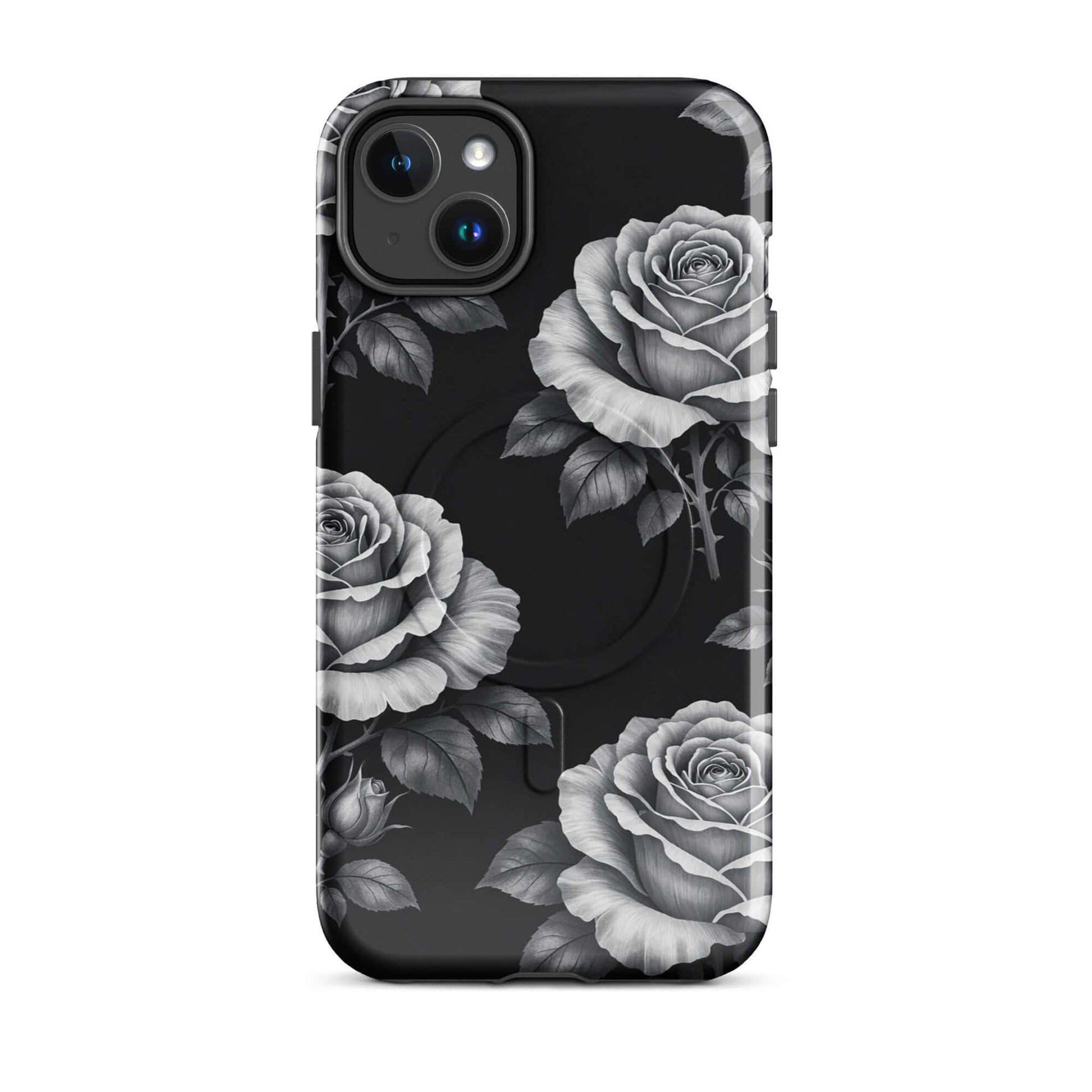 Magnetic Phone Case with rose garden design, featuring hand-sketched roses on a black background, elegant and protective for iPhone.