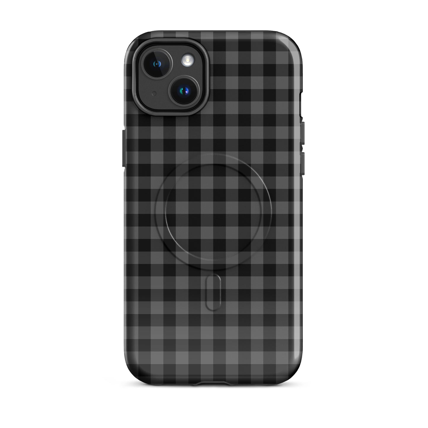 Magnetic Phone Case in black-and-charcoal gingham pattern for iPhone, offering stylish protection and modern design.