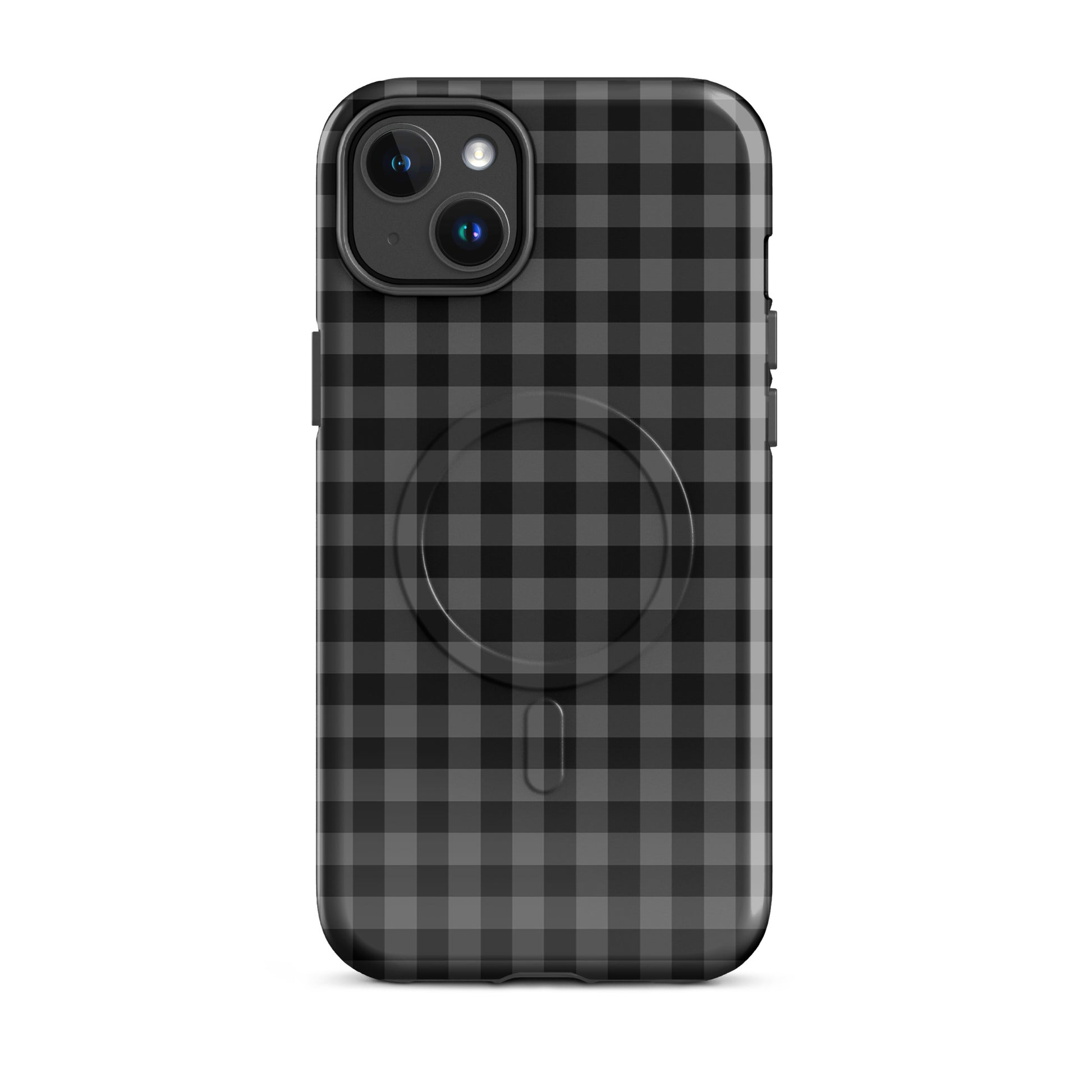 Magnetic Phone Case in black-and-charcoal gingham pattern for iPhone, offering stylish protection and modern design.