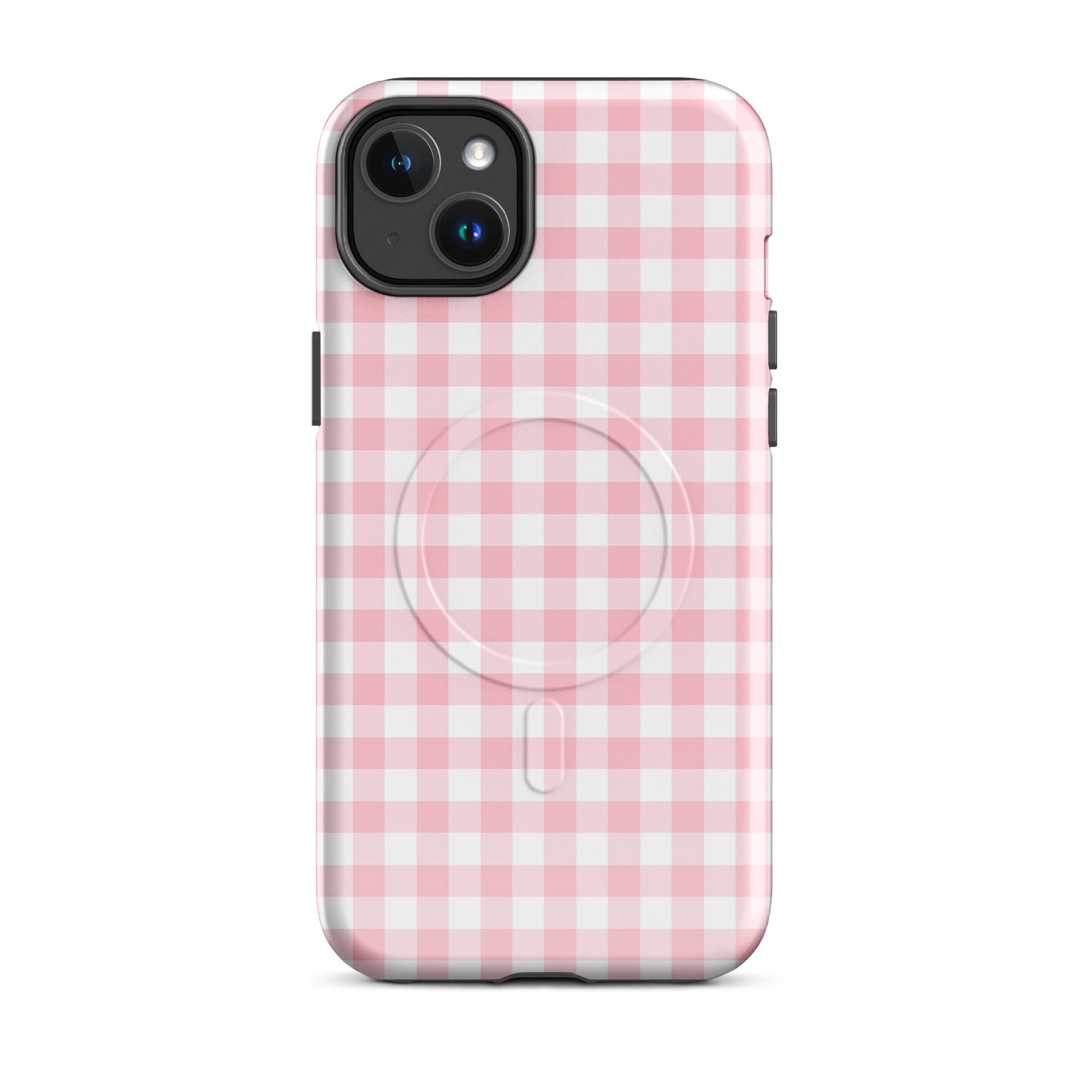 Magnetic Phone Case in pink-and-white gingham pattern for iPhone, offering style and protection.