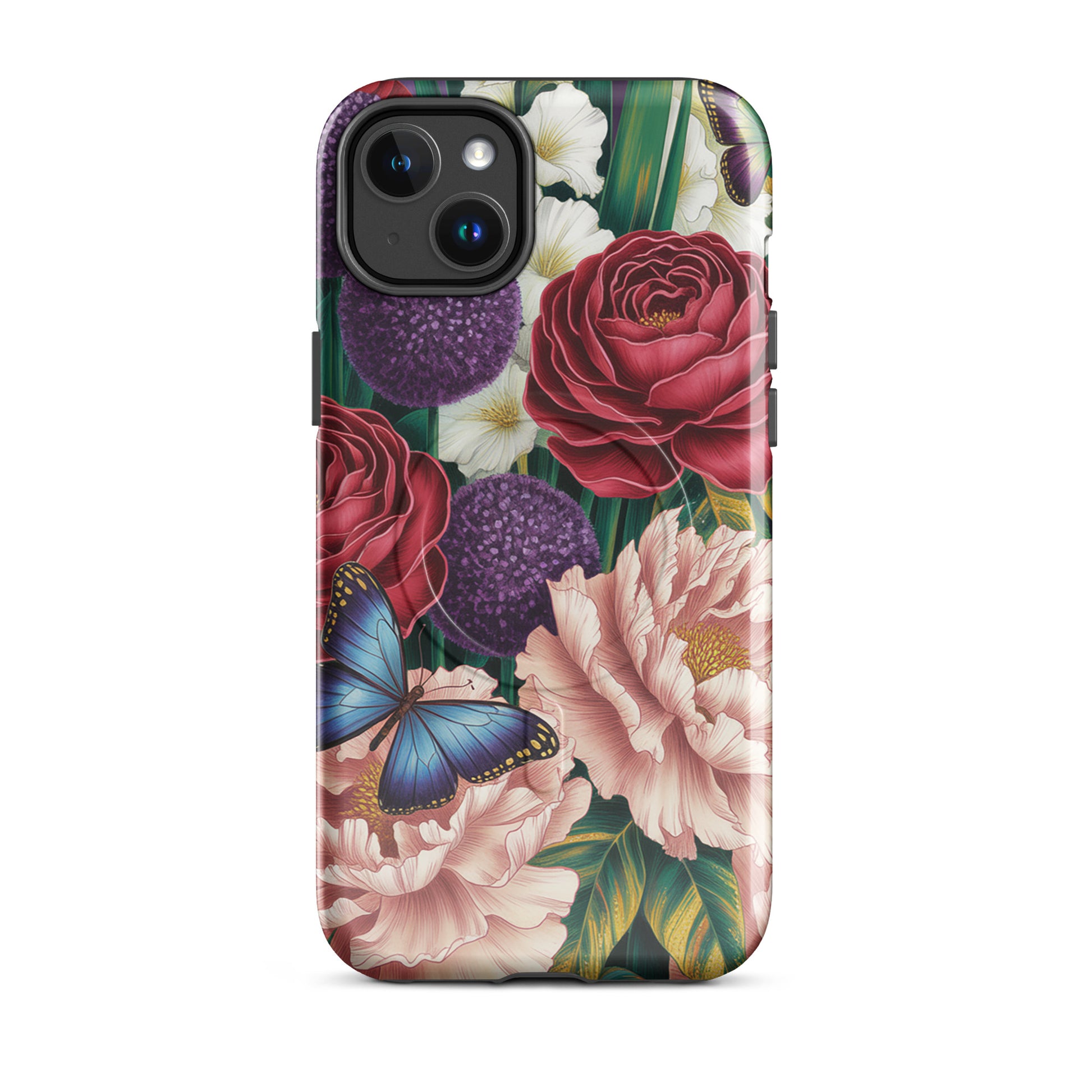 Magnetic Phone Case for iPhone with botanical garden design featuring crimson roses, pink peonies, purple alliums, and blue butterflies.