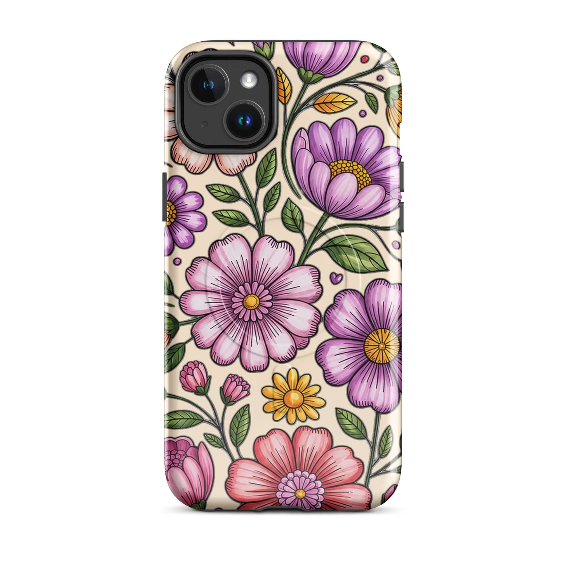 Magnetic Phone Case with pastel floral design, featuring pink and purple flowers on a durable protective shell.