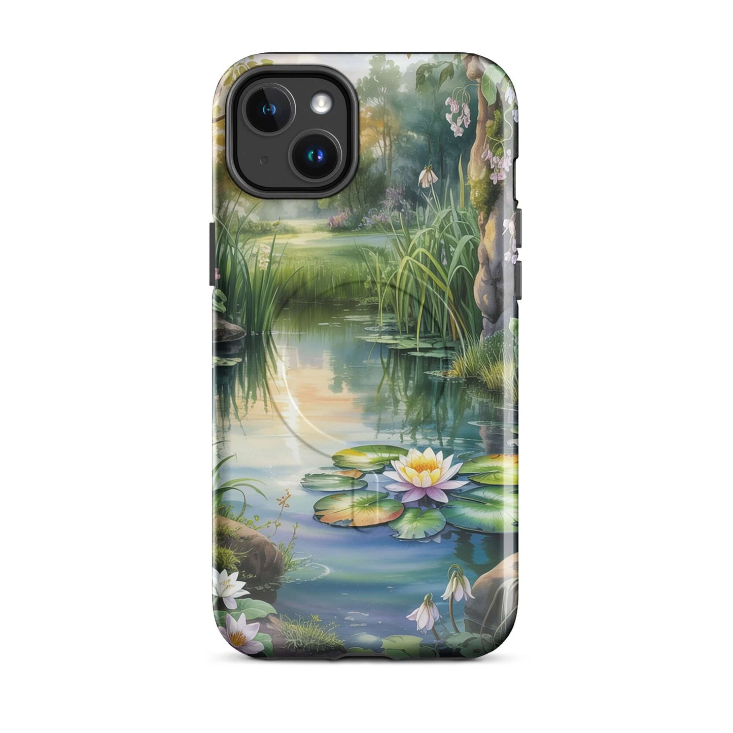 Magnetic Phone Case with Enchanted Pond design featuring water lilies and sunset reflections for iPhone.