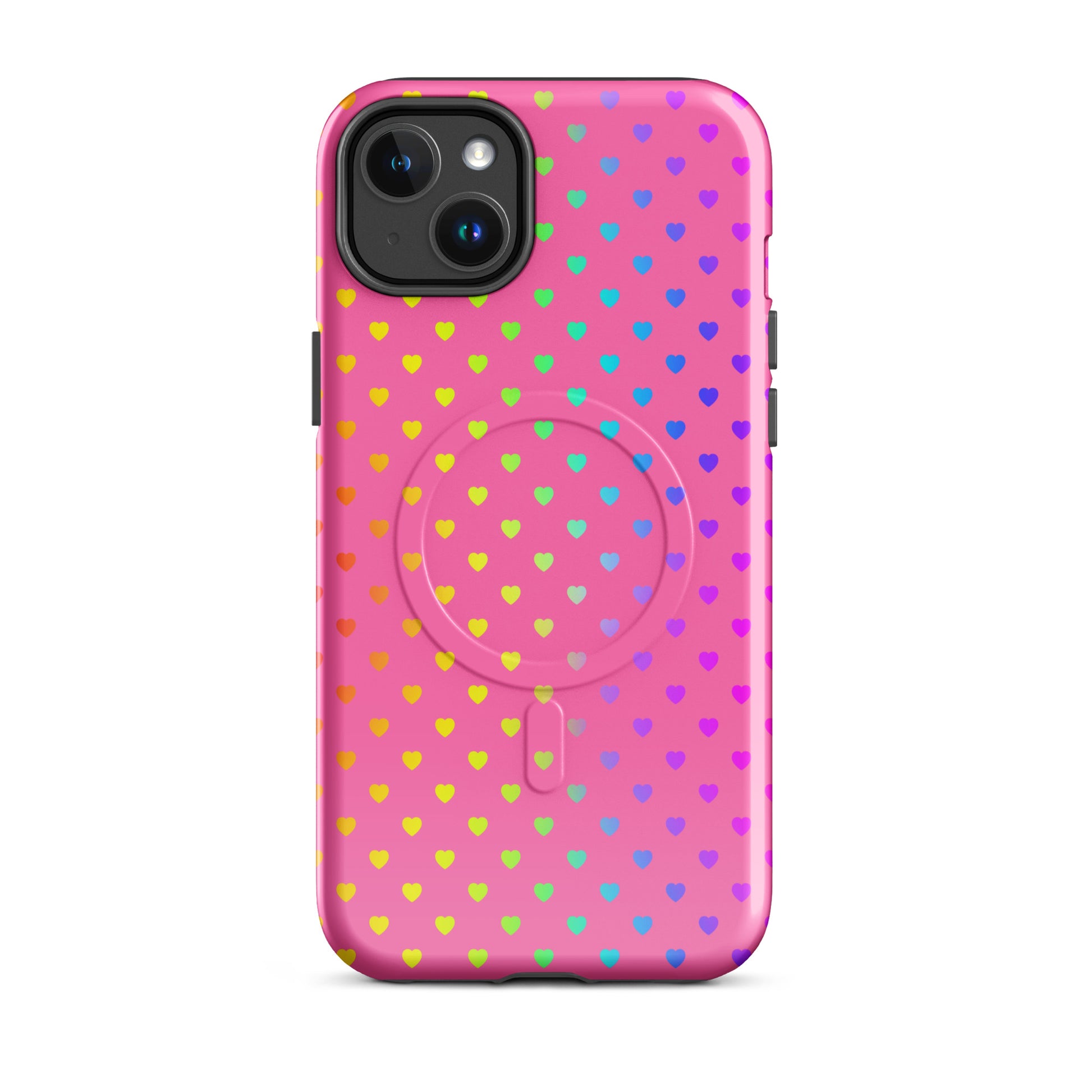 Magnetic Phone Case in pink with colorful rainbow hearts design for iPhone, offering both style and protection.
