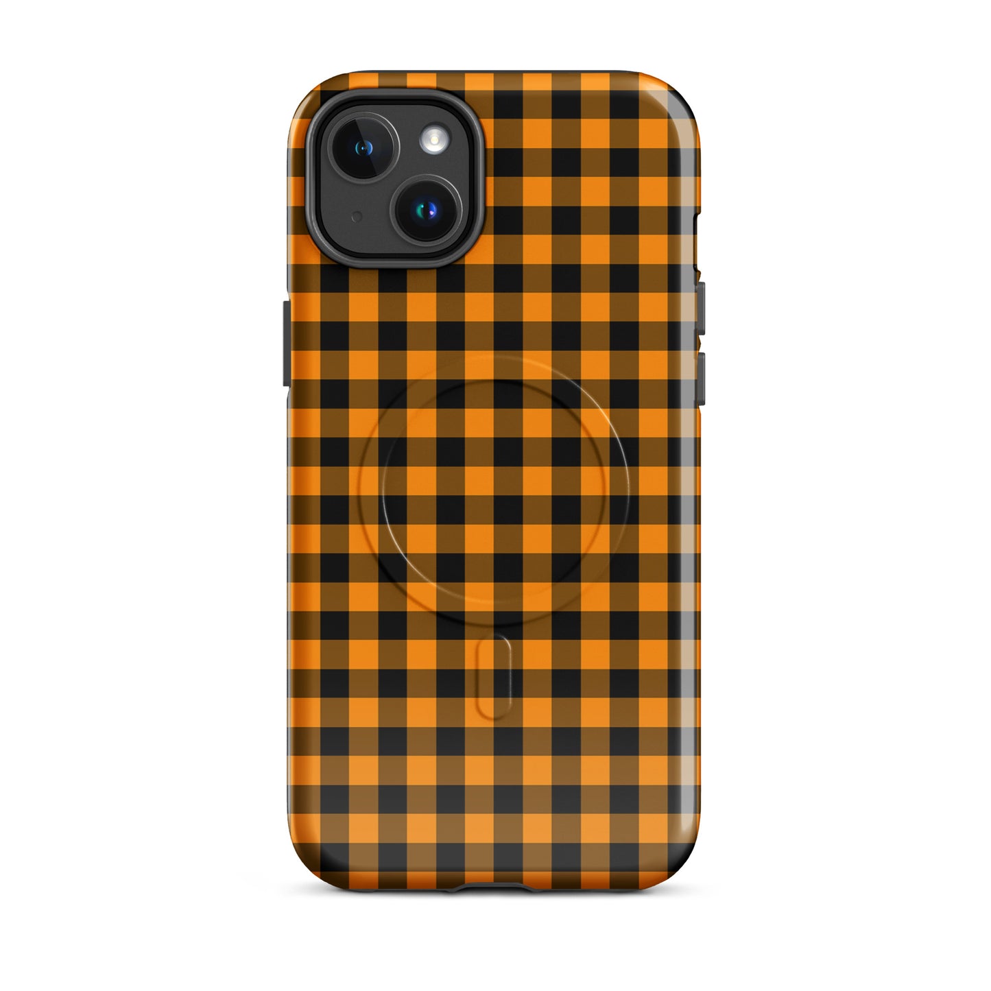 Magnetic Phone Case in black-and-orange gingham pattern, autumn theme, designed for iPhone with style and durability.