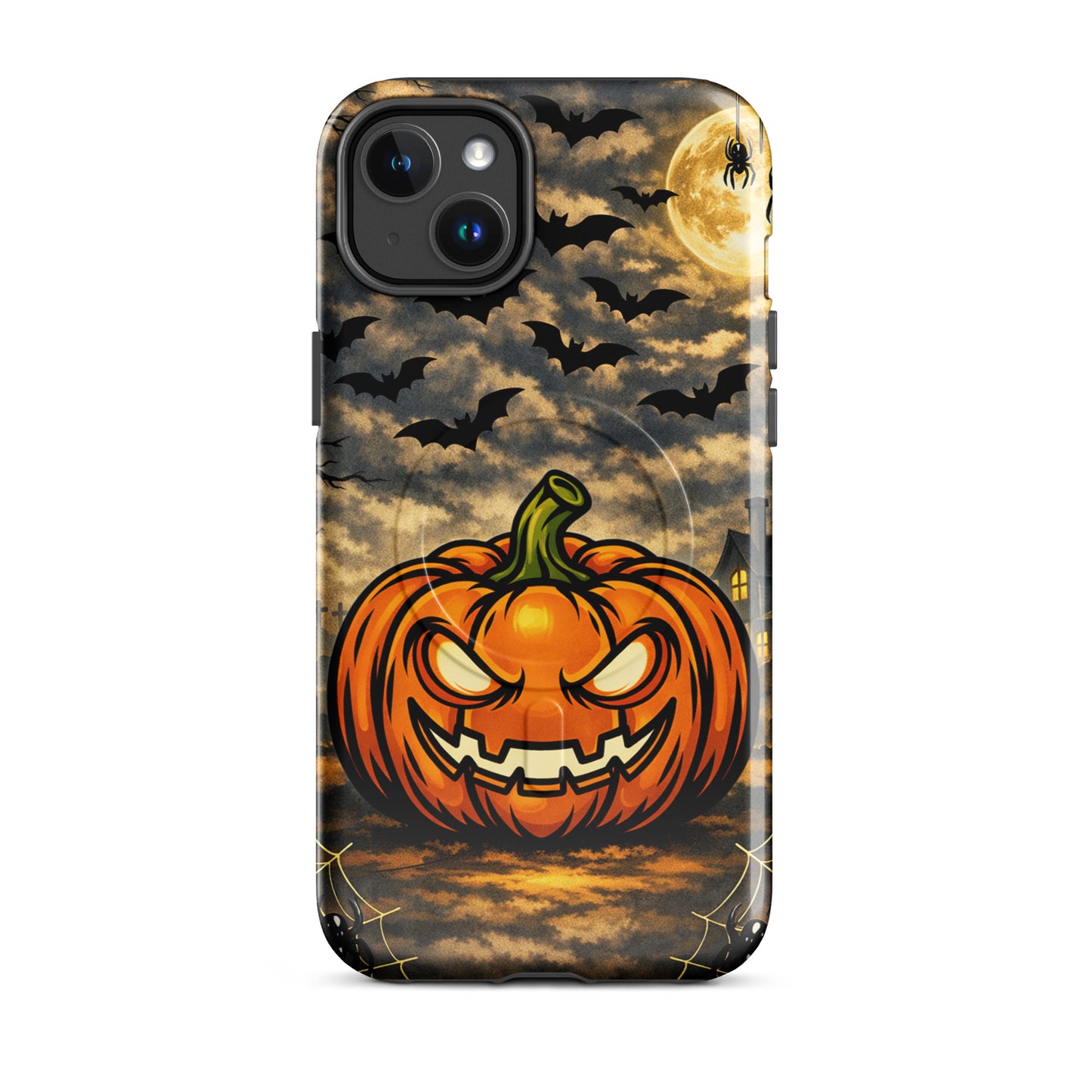 Magnetic Phone Case with Halloween scene featuring a glowing jack-o'-lantern, bats, and moonlit haunted house.