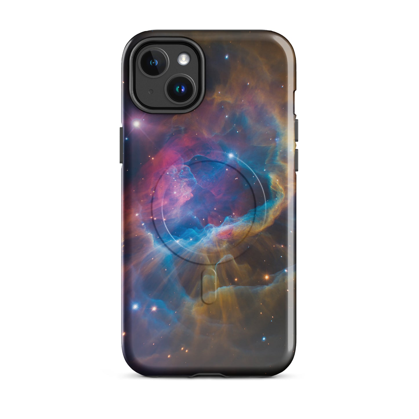 Magnetic Phone Case for iPhone with nebula starburst design in blues, oranges, and pinks, cosmic accessory