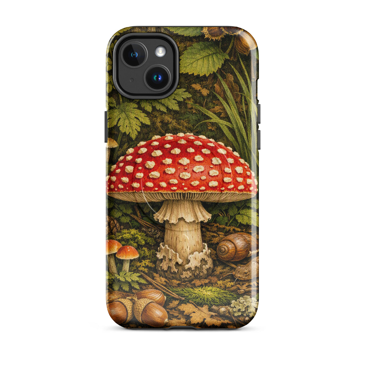Magnetic Phone Case featuring Amanita Muscaria mushroom design on iPhone, with vivid red cap and white spots for a forest-inspired accessory.