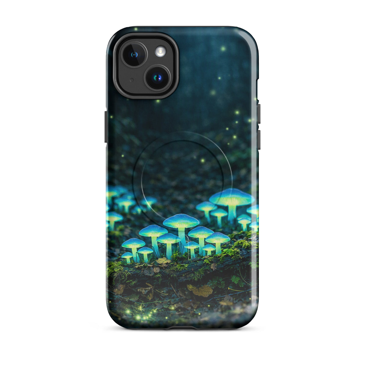 Magnetic Phone Case with glowing bioluminescent mushrooms on forest floor, perfect for iPhone. Ethereal woodland design.