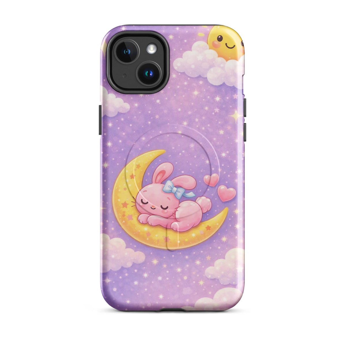 Magnetic Phone Case for iPhone with cute dreamy bunny on crescent moon in pastel nighttime sky design.