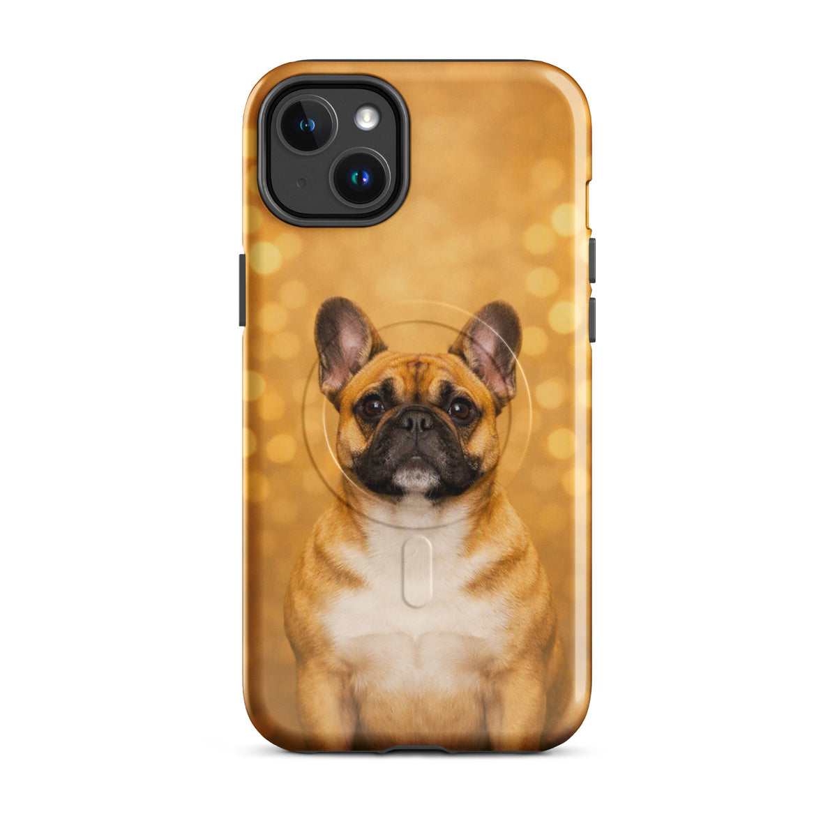 Magnetic Phone Case featuring a French Bulldog portrait with golden bokeh background, ideal for dog lovers and iPhone users.