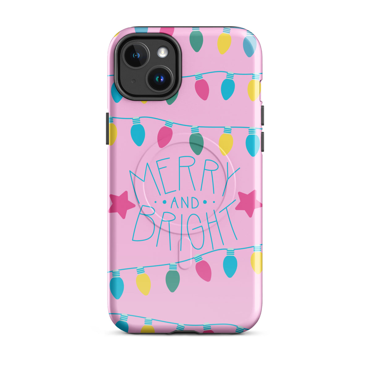 Magnetic Phone Case for iPhone with Merry and Bright holiday lights, playful stars, and pink background.