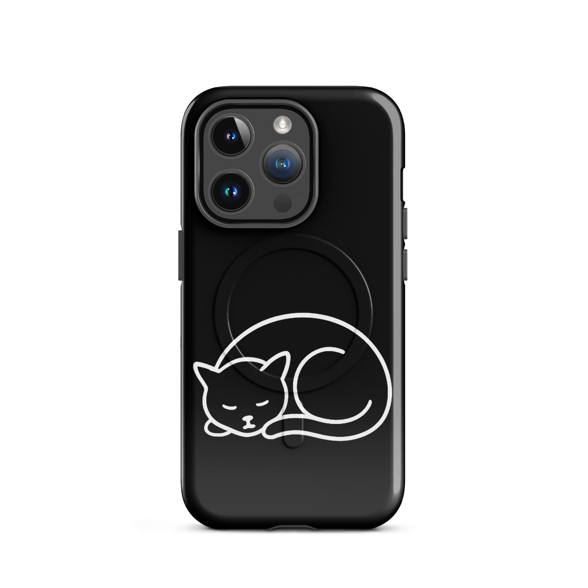 Magnetic Phone Case for iPhone featuring a minimalist curled-up cat design on a black background.