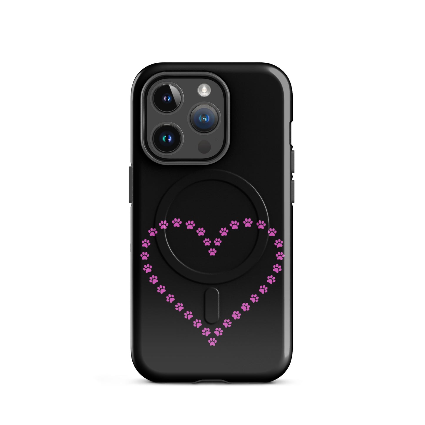 Magnetic Phone Case for iPhone featuring pink paw print heart design for pet lovers on a black background.