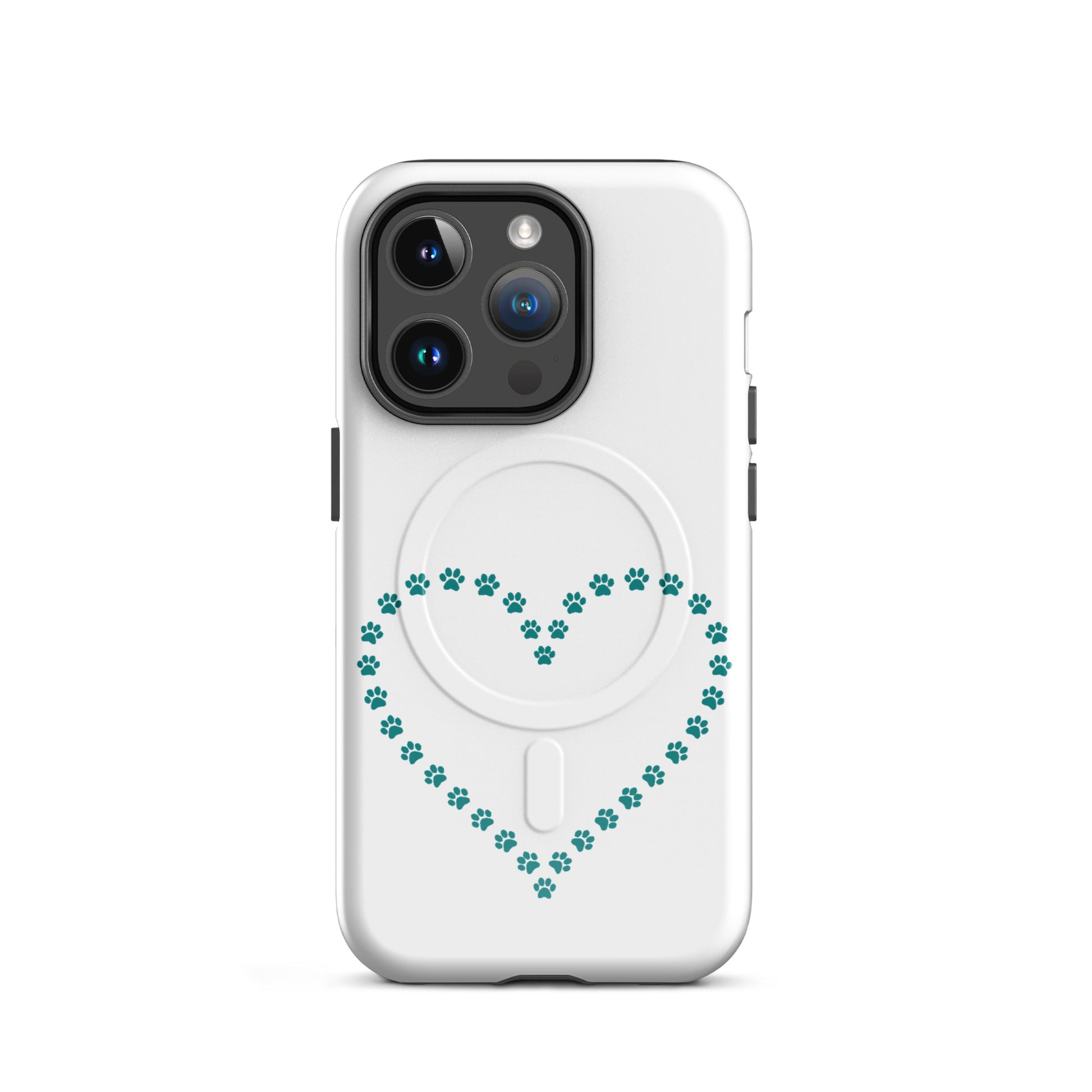 Magnetic Phone Case for iPhone featuring a heart design made of teal paw prints, perfect for pet lovers.