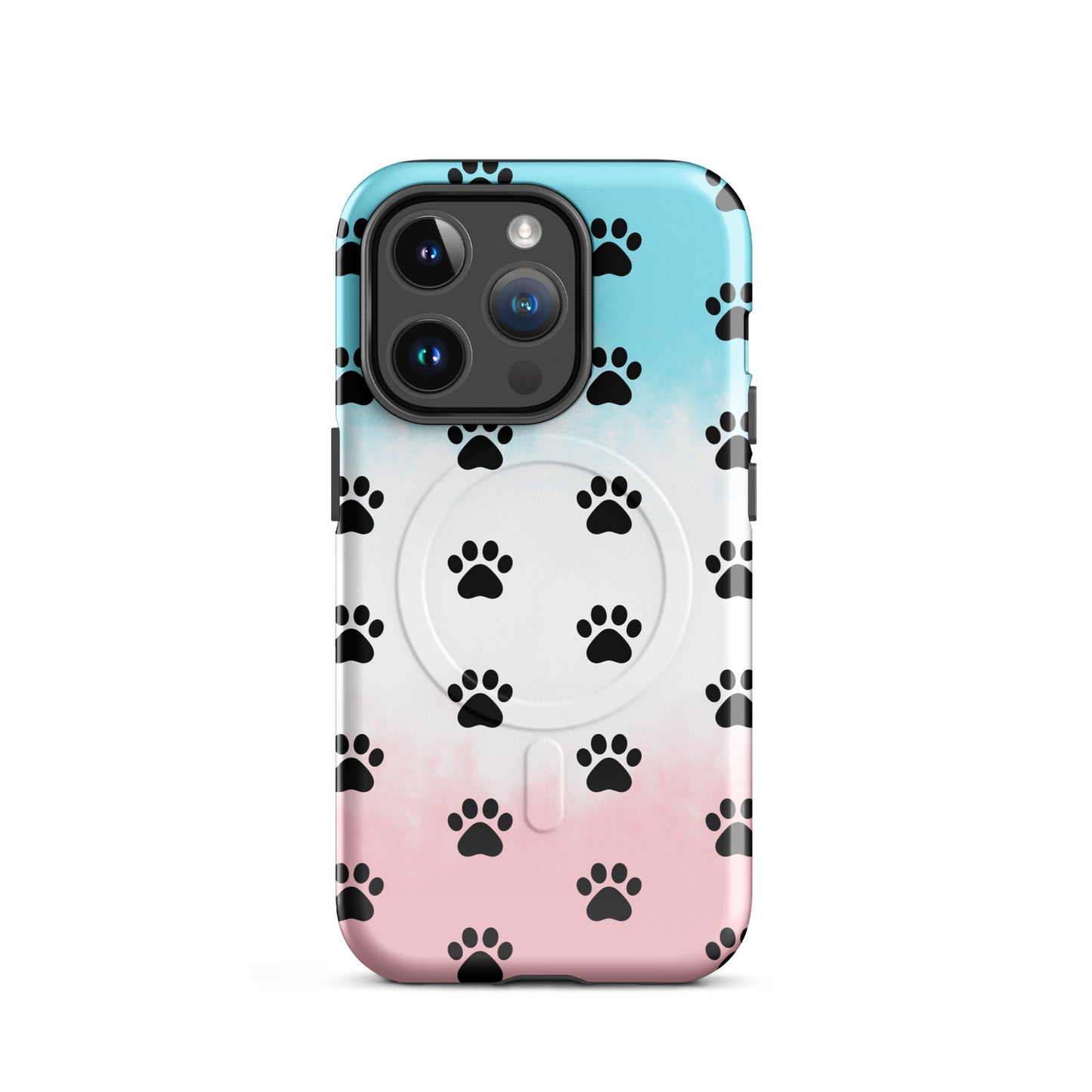 Magnetic Phone Case for iPhone featuring a playful paw print design in black on a gradient blue and pink background.