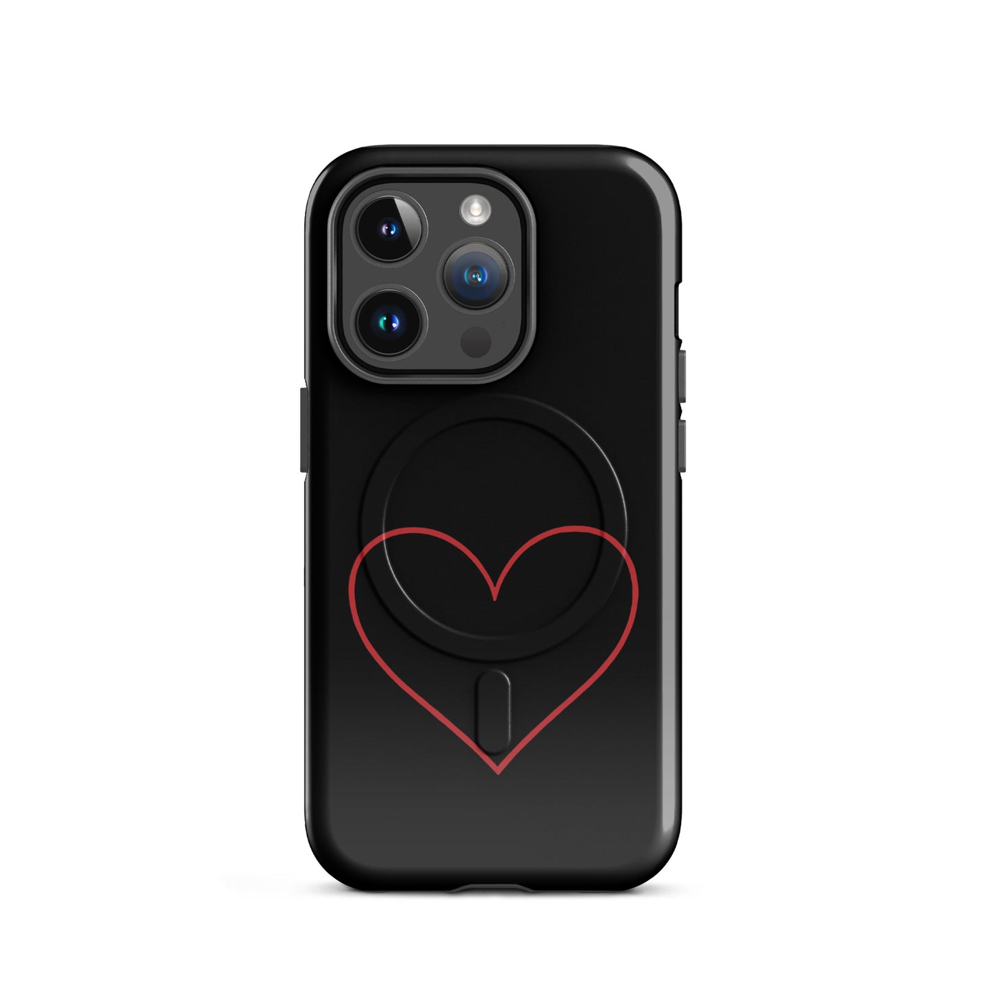 Magnetic Phone Case for iPhone featuring a minimalist crimson heart design on a sleek black background.